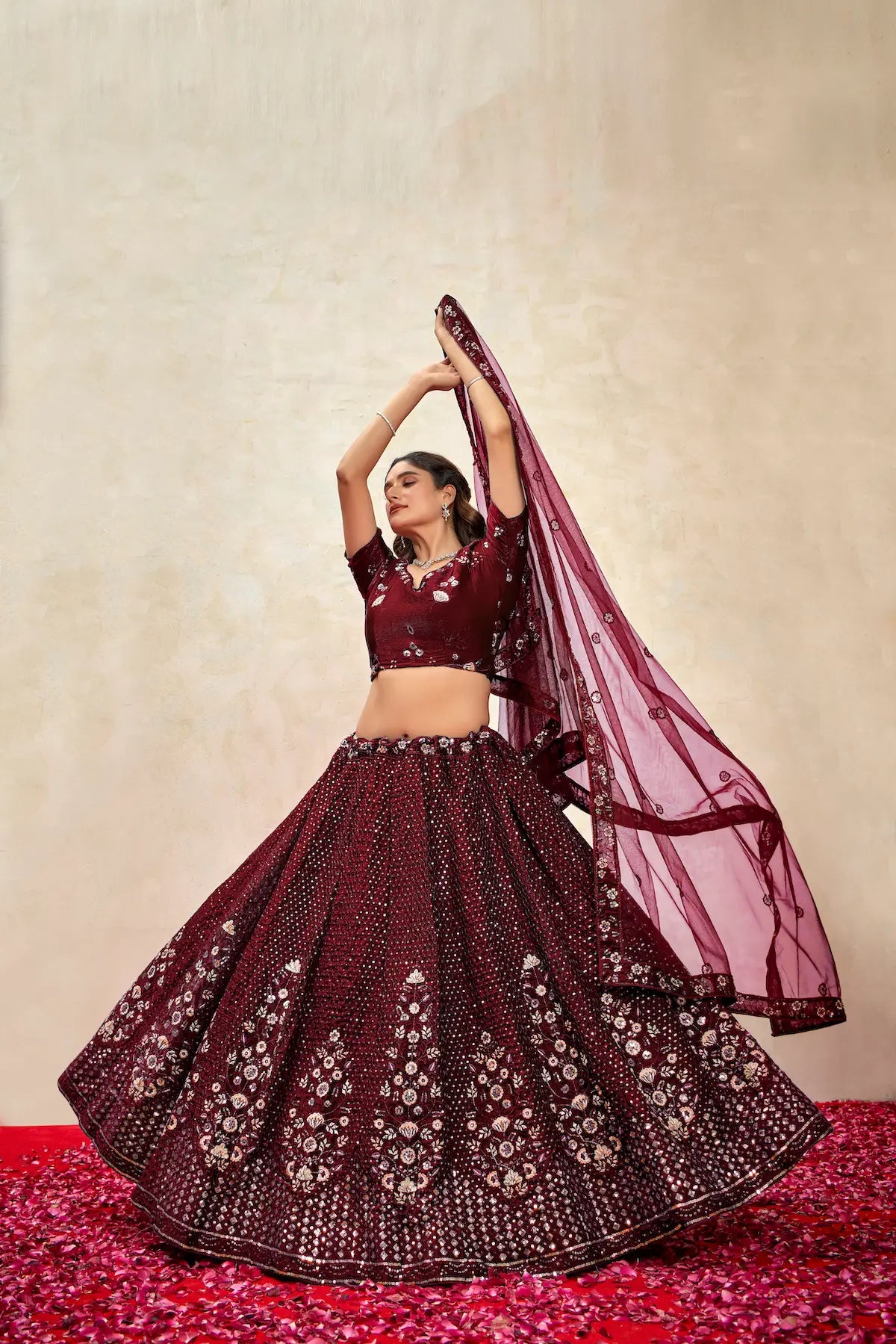 Maroon Net Thread & Sequence Embroidery Work Lehenga Choli - qivii