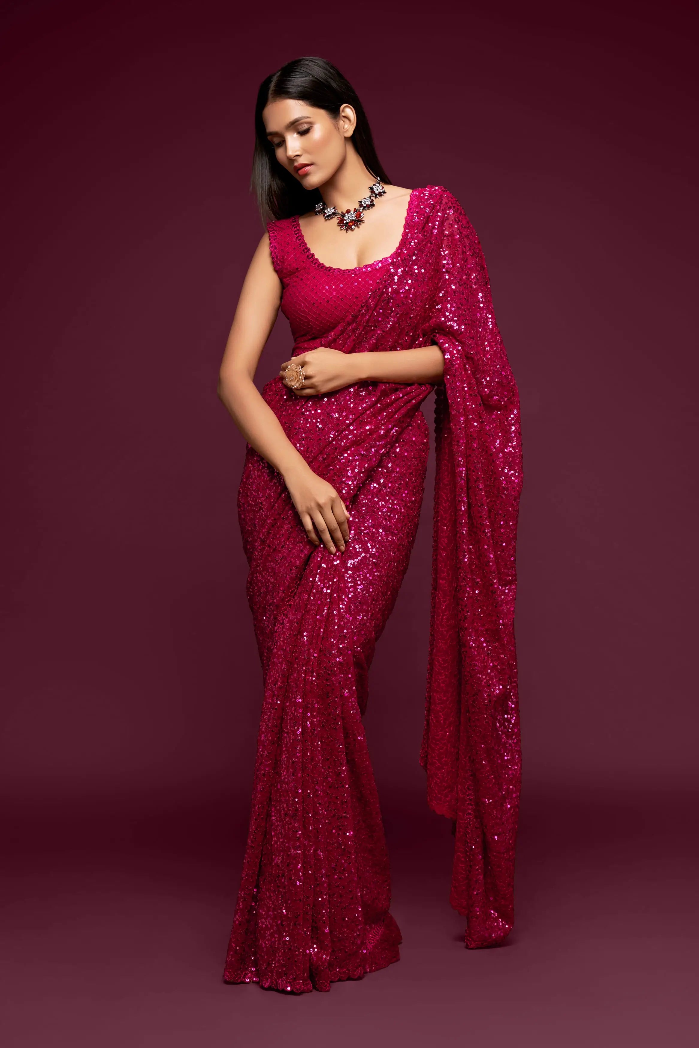 Hot Pink Georgette Saree with Thread And Multiple Sequins Embroidery Work - qivii