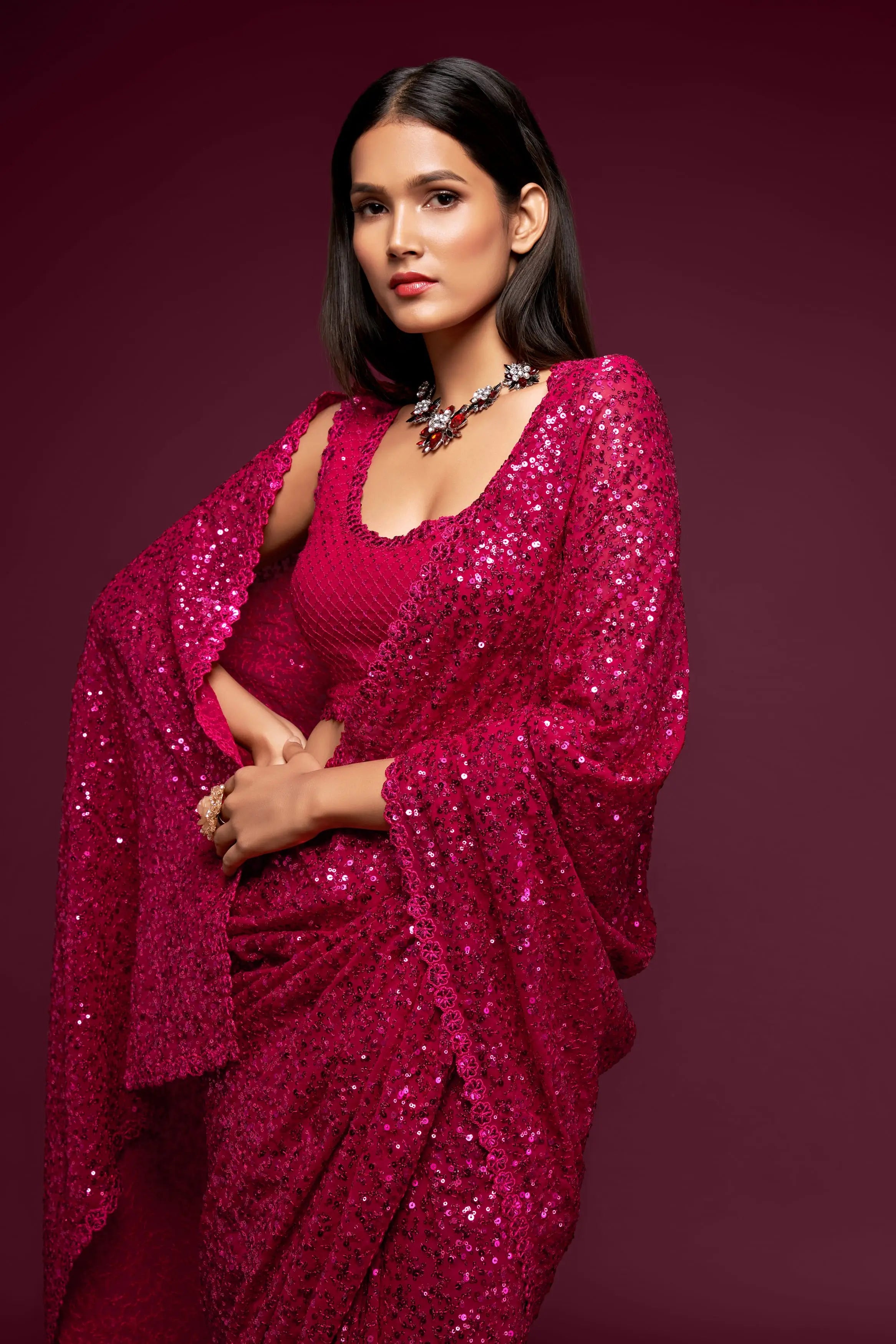 Hot Pink Georgette Saree with Thread And Multiple Sequins Embroidery Work - qivii