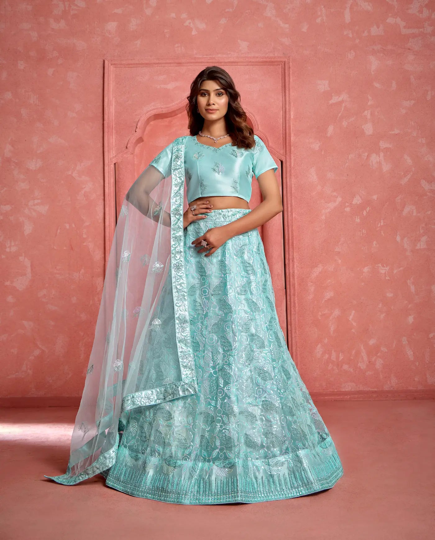 Baby Blue Net Thread & Sequence Embroidery Work Lehenga Choli - qivii