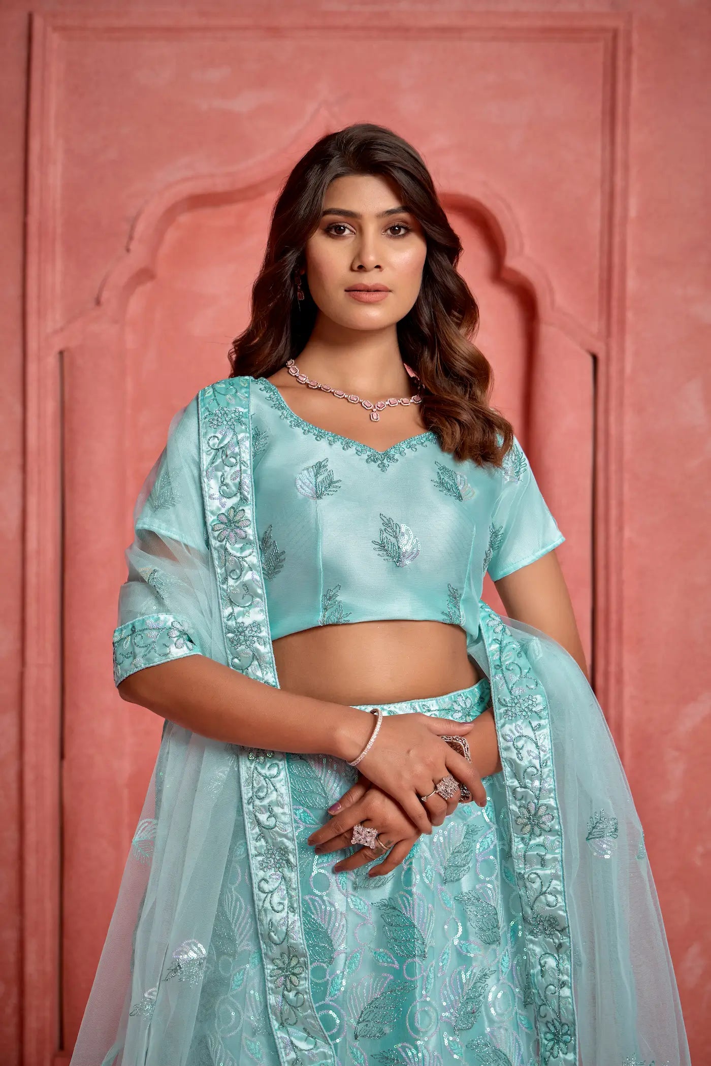 Baby Blue Net Thread & Sequence Embroidery Work Lehenga Choli - qivii