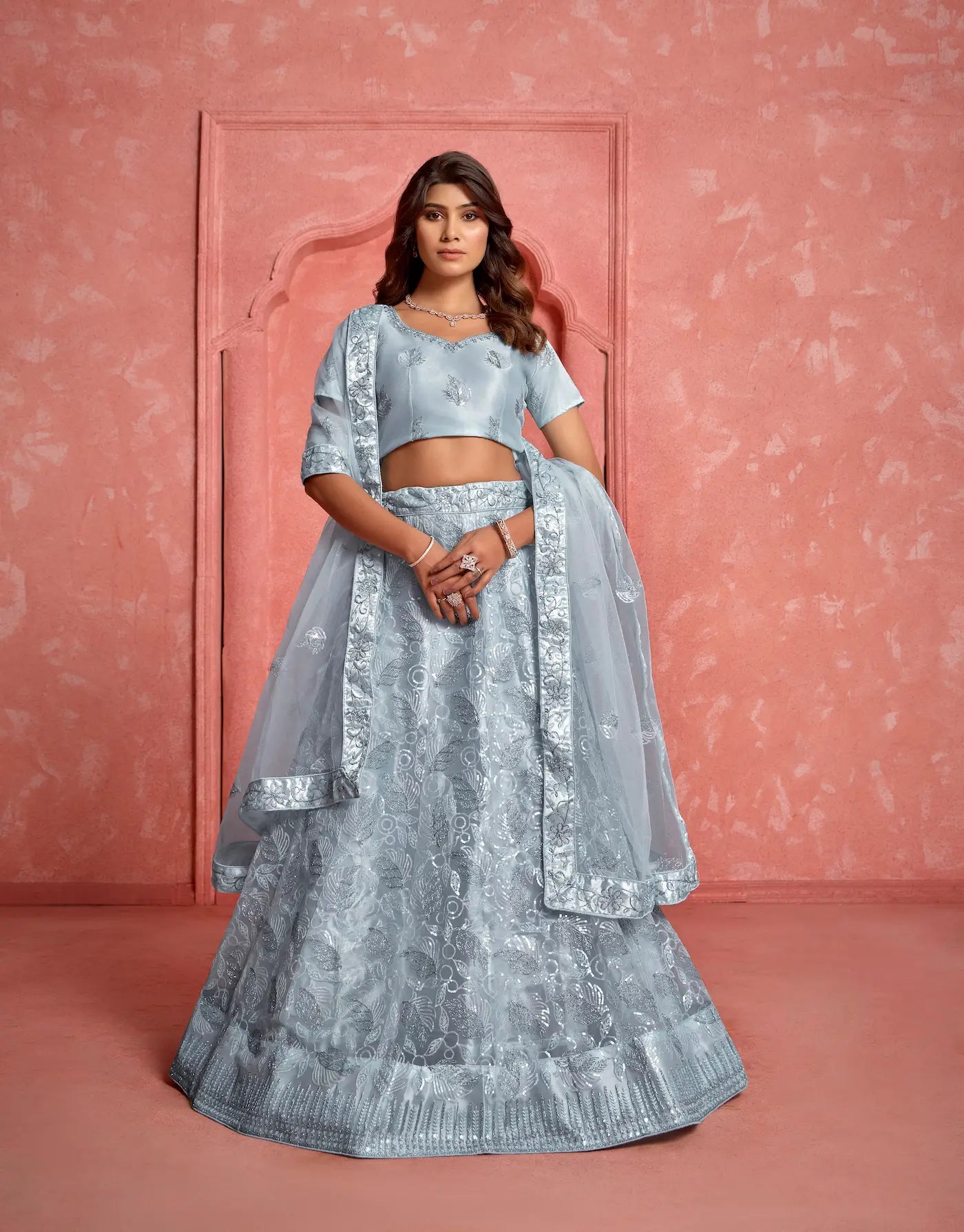 Light Grey Net Thread & Sequence Embroidery Work Lehenga Choli - qivii