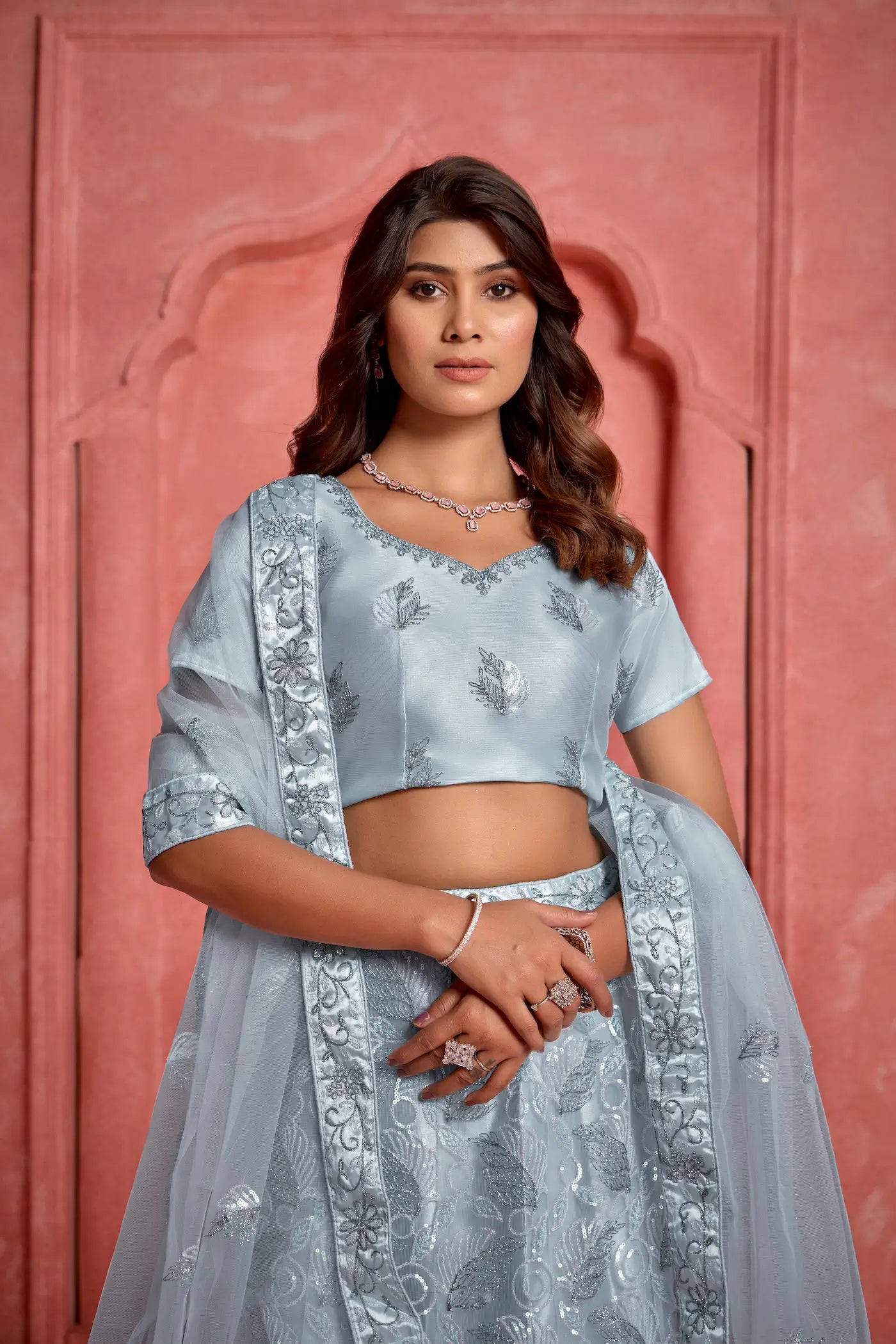 Light Grey Net Thread & Sequence Embroidery Work Lehenga Choli - qivii