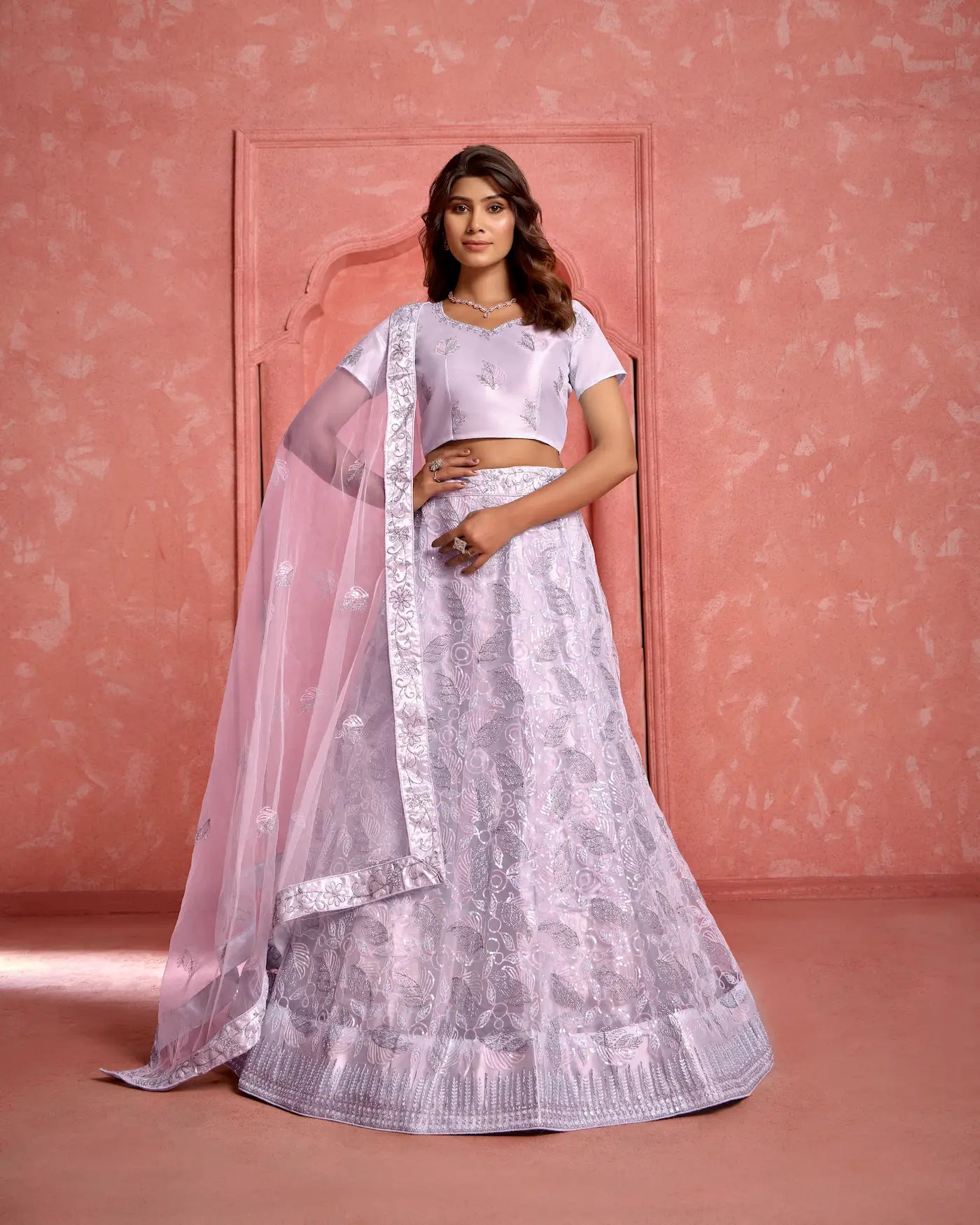 Lavender Net Sequence & thread Embroidery Work Lehenga Choli - qivii