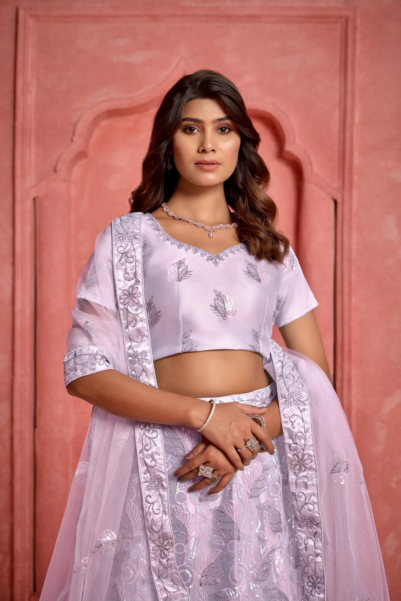 Lavender Net Sequence & thread Embroidery Work Lehenga Choli - qivii