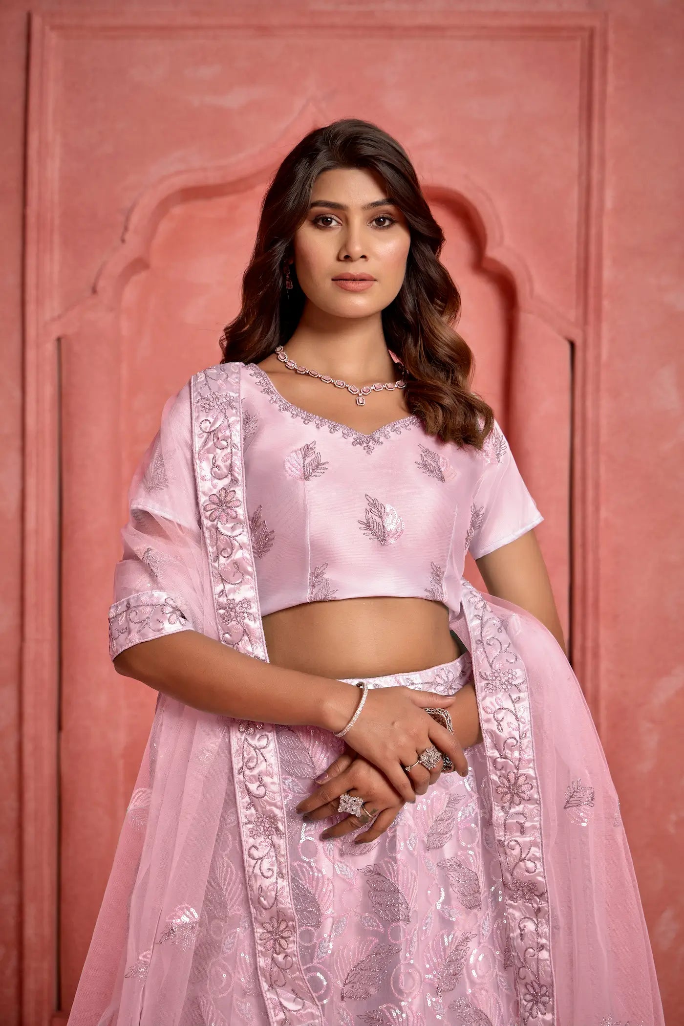 Light Pink Net Sequence & thread Embroidery Work Lehenga Choli - qivii
