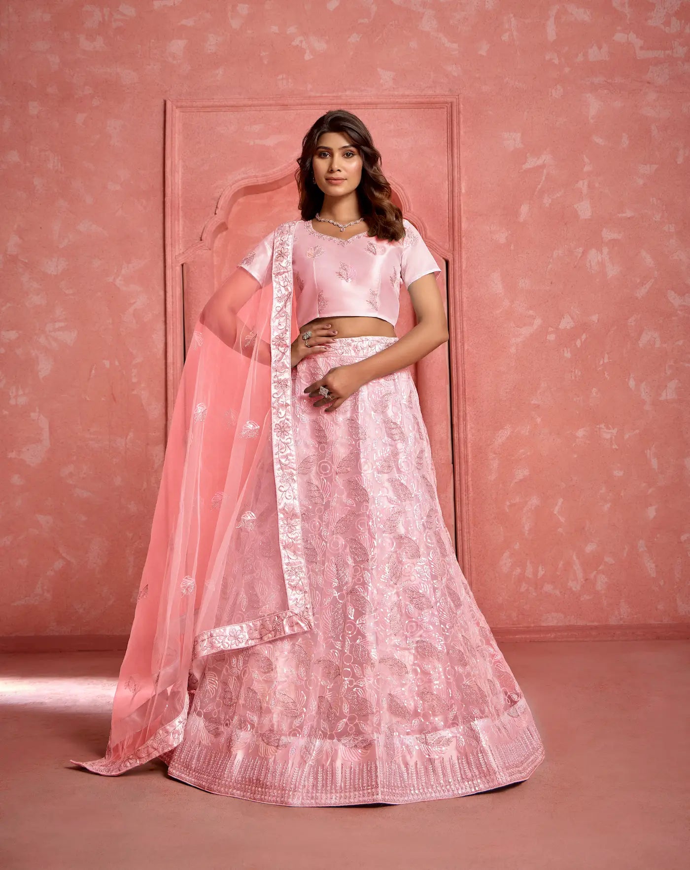 Peach Net Sequence & Thread Embroidery Work Lehenga Choli - qivii