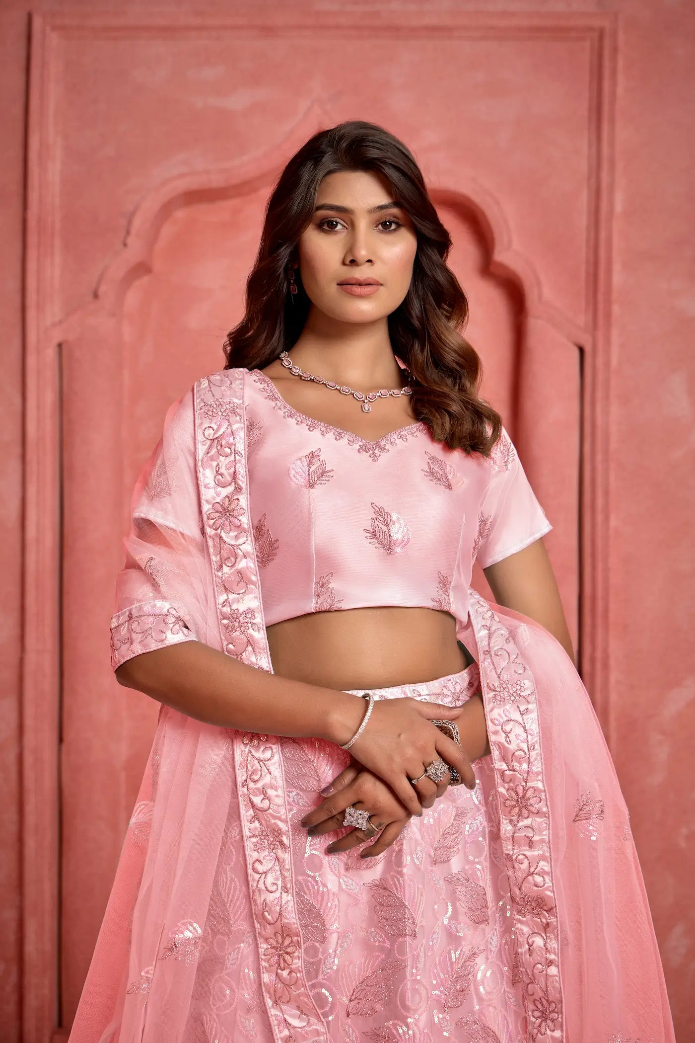 Peach Net Sequence & Thread Embroidery Work Lehenga Choli - qivii