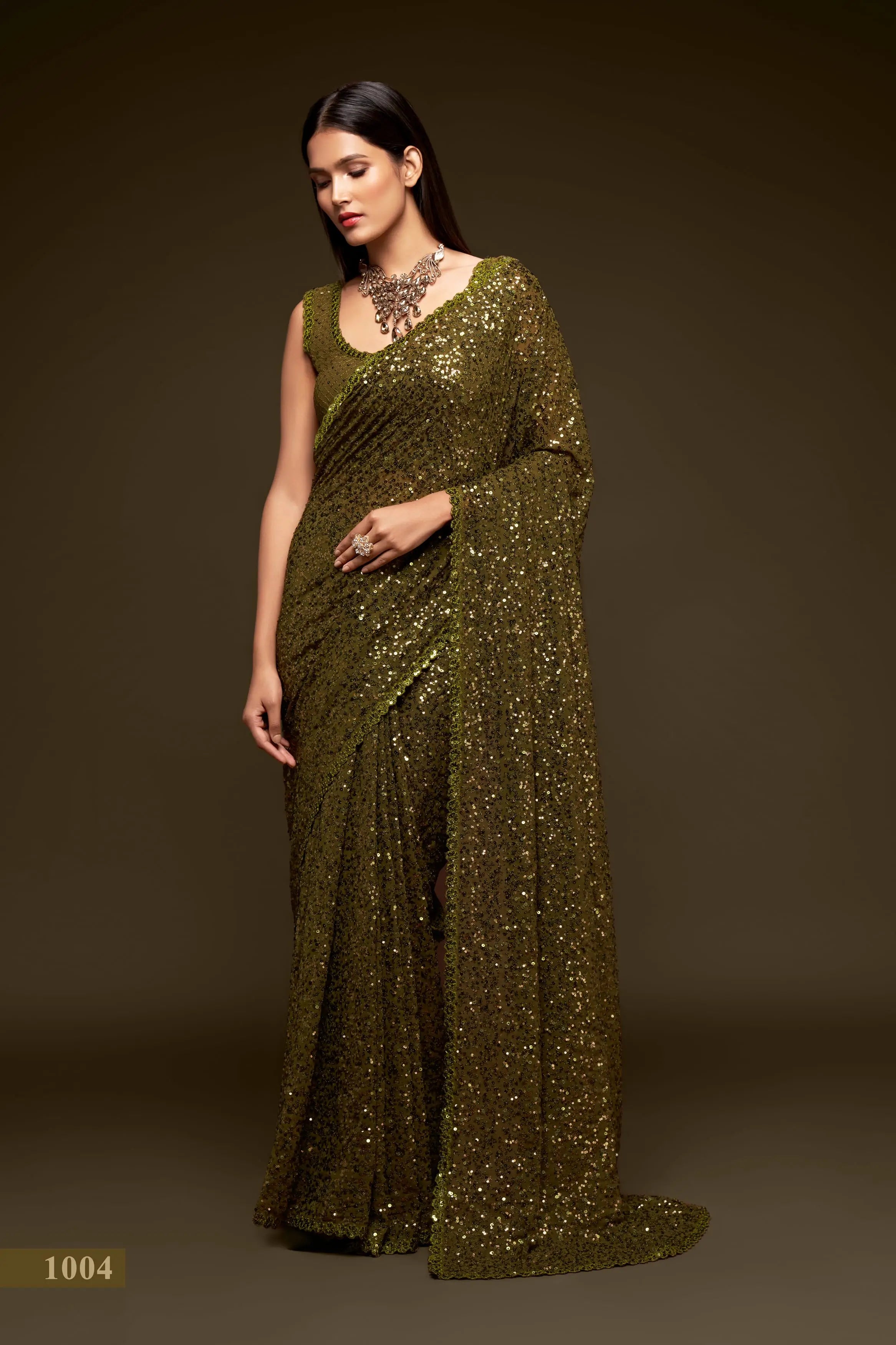 Olive Green Georgette with Thread And Multiple Sequins Embroidery Work - qivii