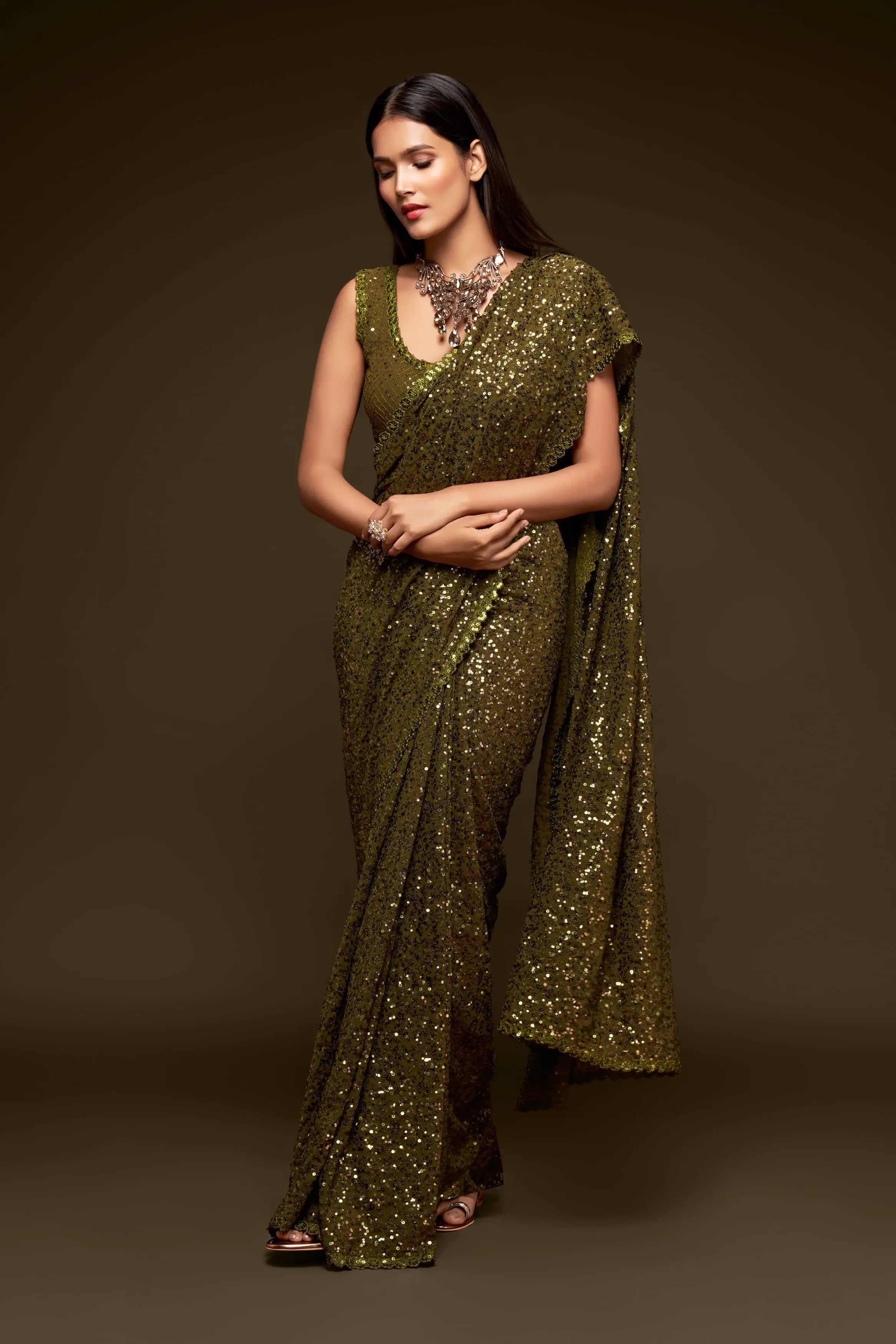 Olive Green Georgette with Thread And Multiple Sequins Embroidery Work - qivii