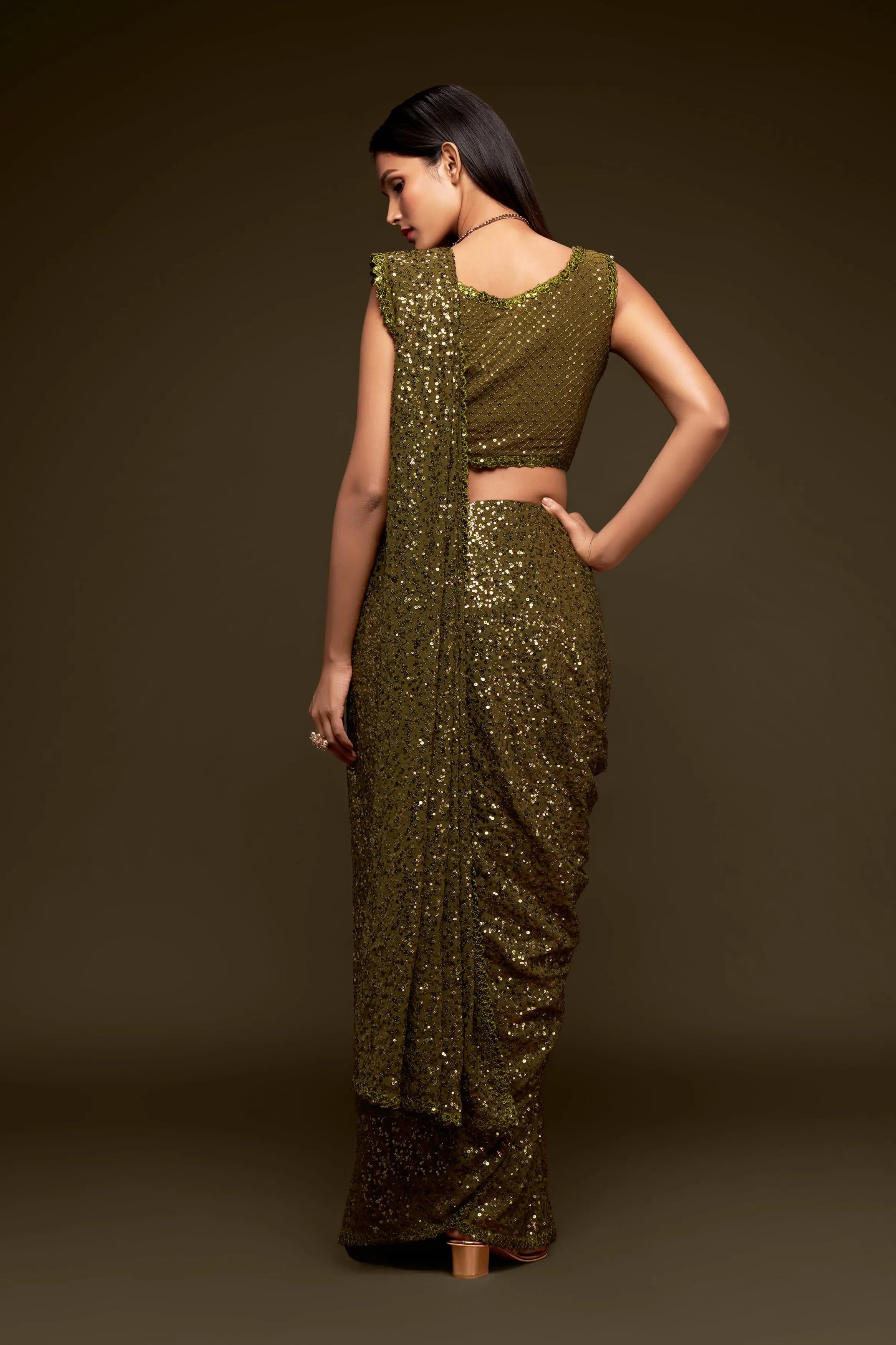 Olive Green Georgette with Thread And Multiple Sequins Embroidery Work - qivii