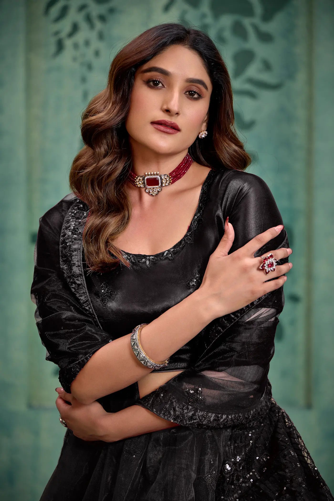 Black Net Thread & Sequence Embroidery Work Lehenga Choli - qivii