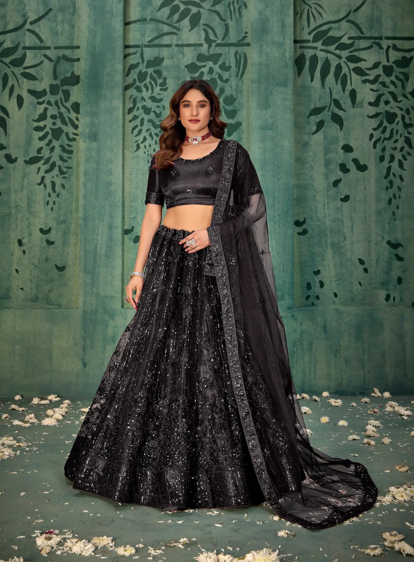 Black Net Thread & Sequence Embroidery Work Lehenga Choli - qivii