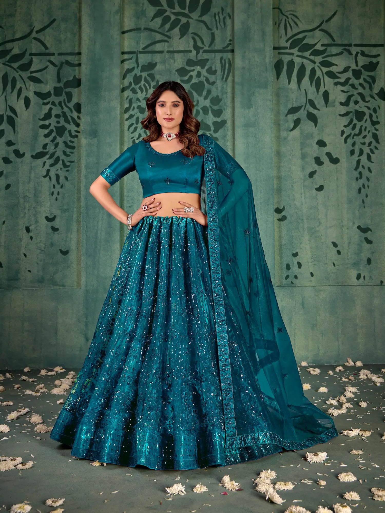 Crystal Teal Net Thread & Sequence Embroidery Work Lehenga Choli - qivii