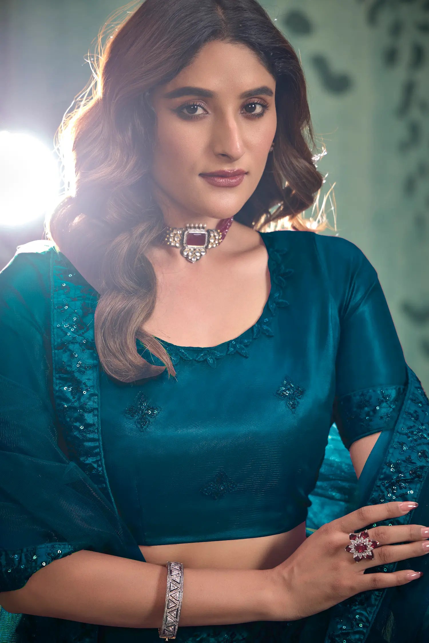 Crystal Teal Net Thread & Sequence Embroidery Work Lehenga Choli - qivii