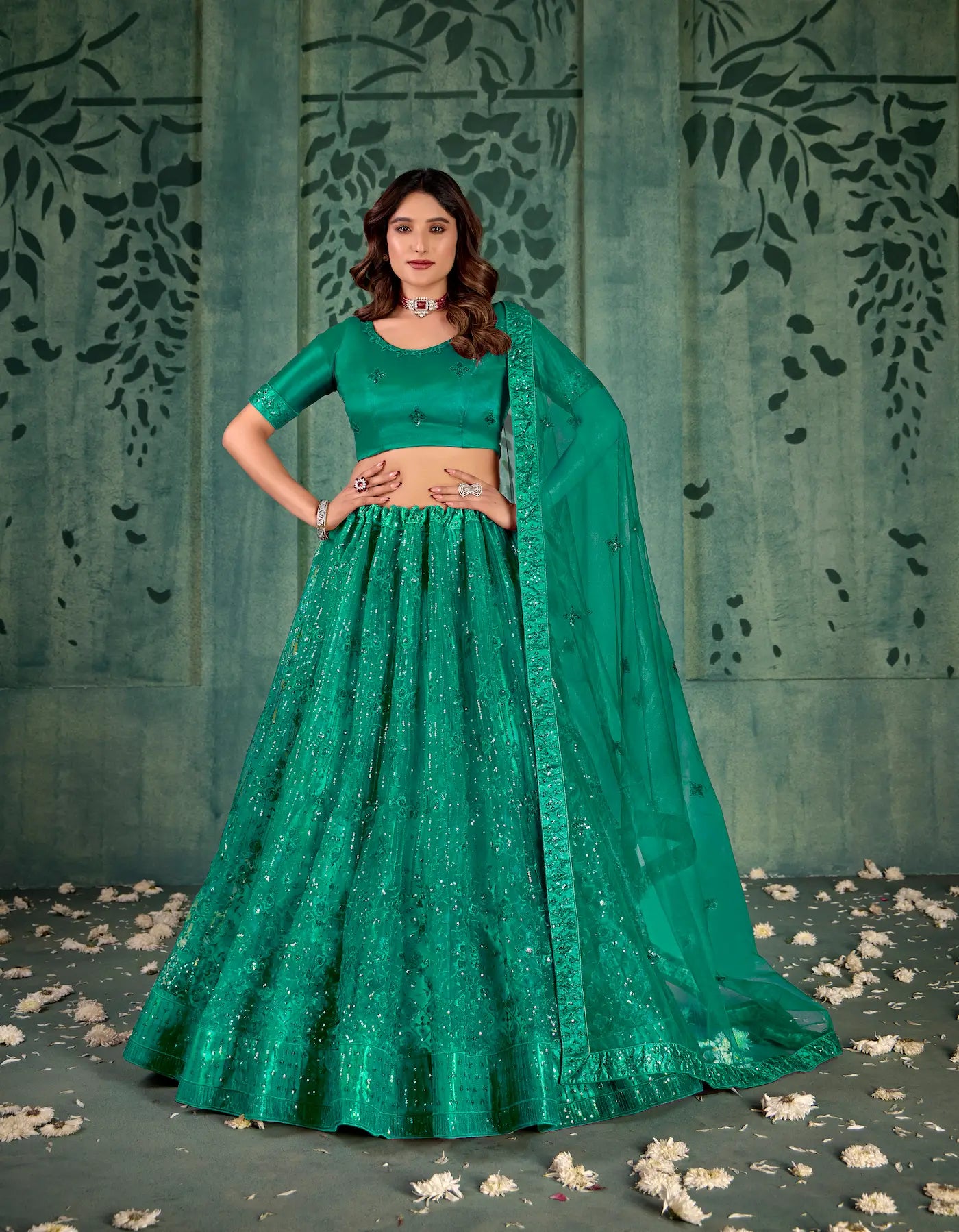 Persian Green Net Thread & Sequence Embroidery Work Lehenga Choli - qivii