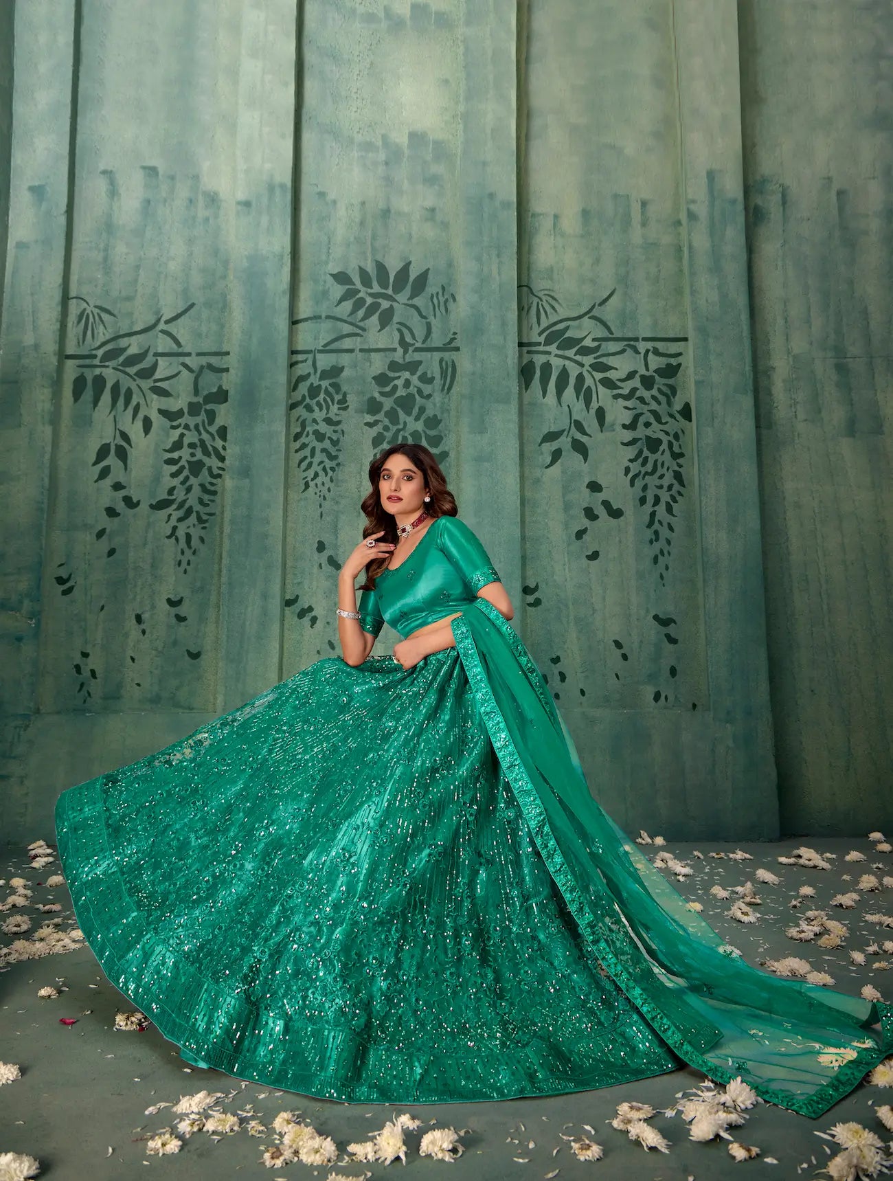 Persian Green Net Thread & Sequence Embroidery Work Lehenga Choli - qivii