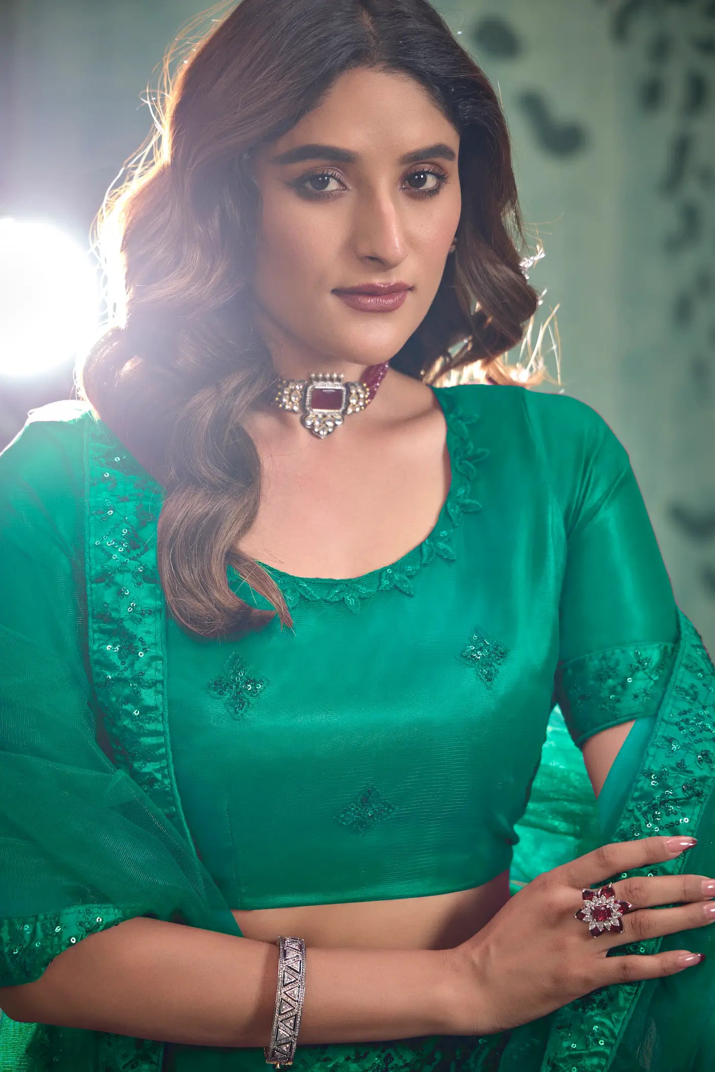 Persian Green Net Thread & Sequence Embroidery Work Lehenga Choli - qivii