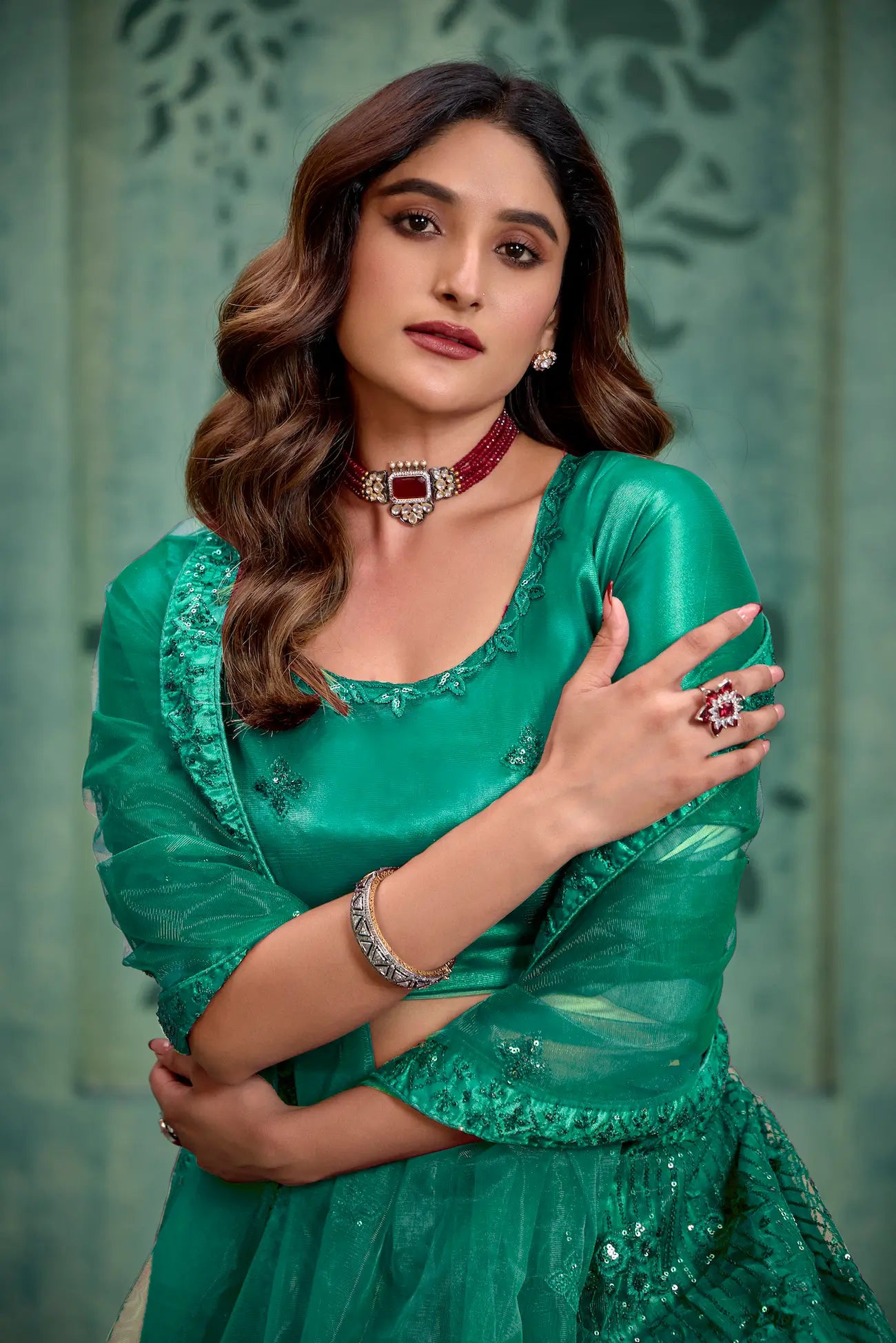 Persian Green Net Thread & Sequence Embroidery Work Lehenga Choli - qivii