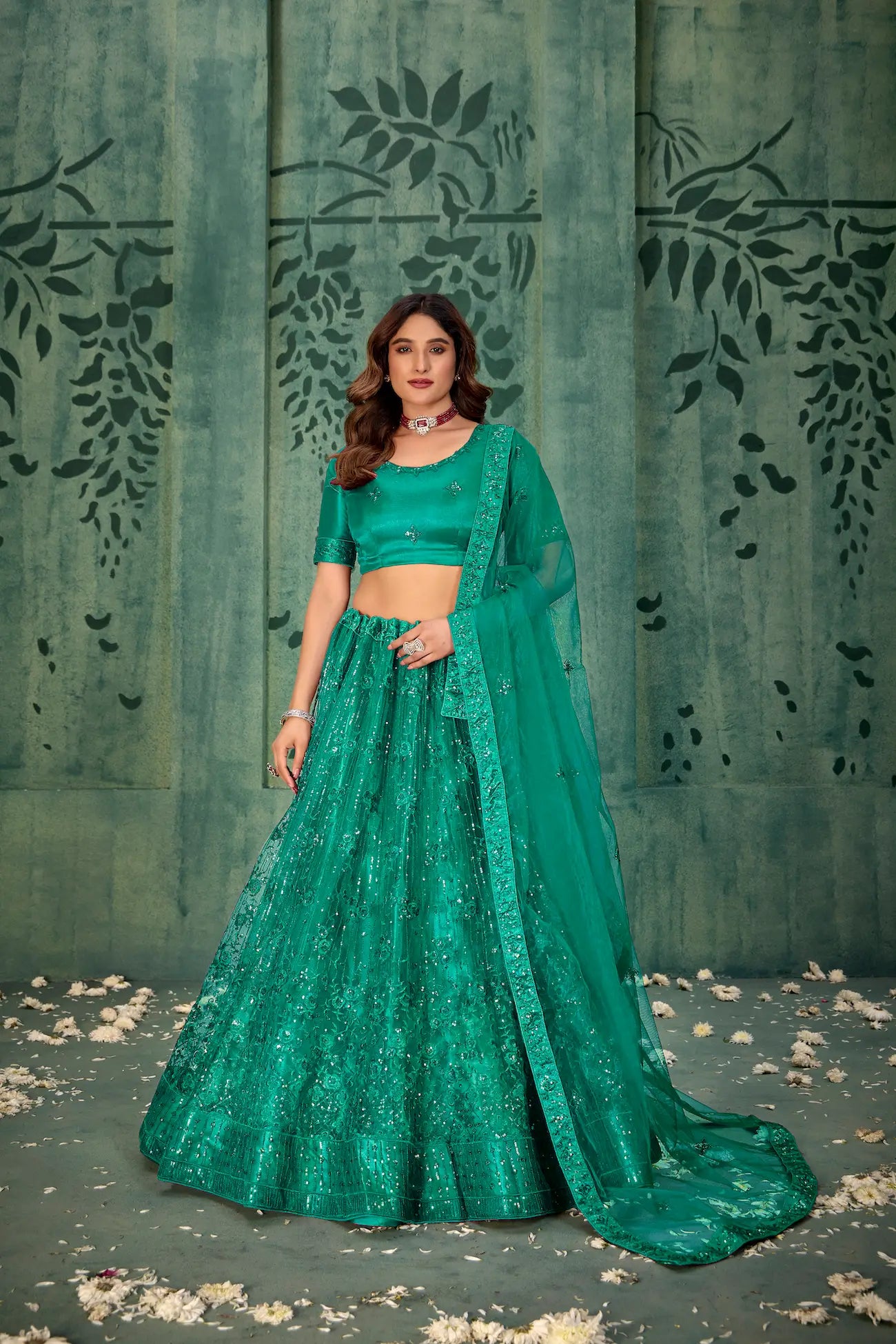Persian Green Net Thread & Sequence Embroidery Work Lehenga Choli - qivii