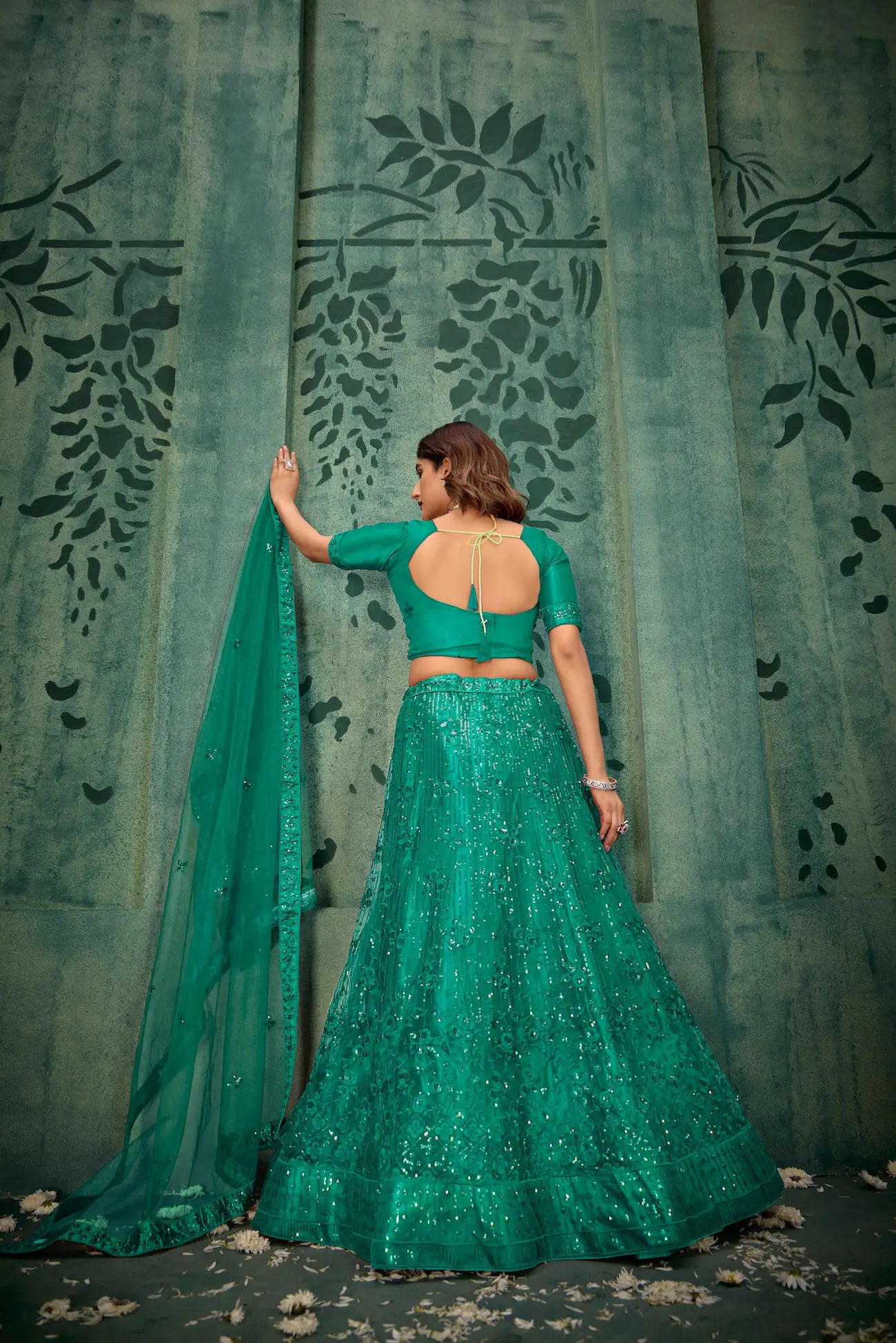 Persian Green Net Thread & Sequence Embroidery Work Lehenga Choli - qivii