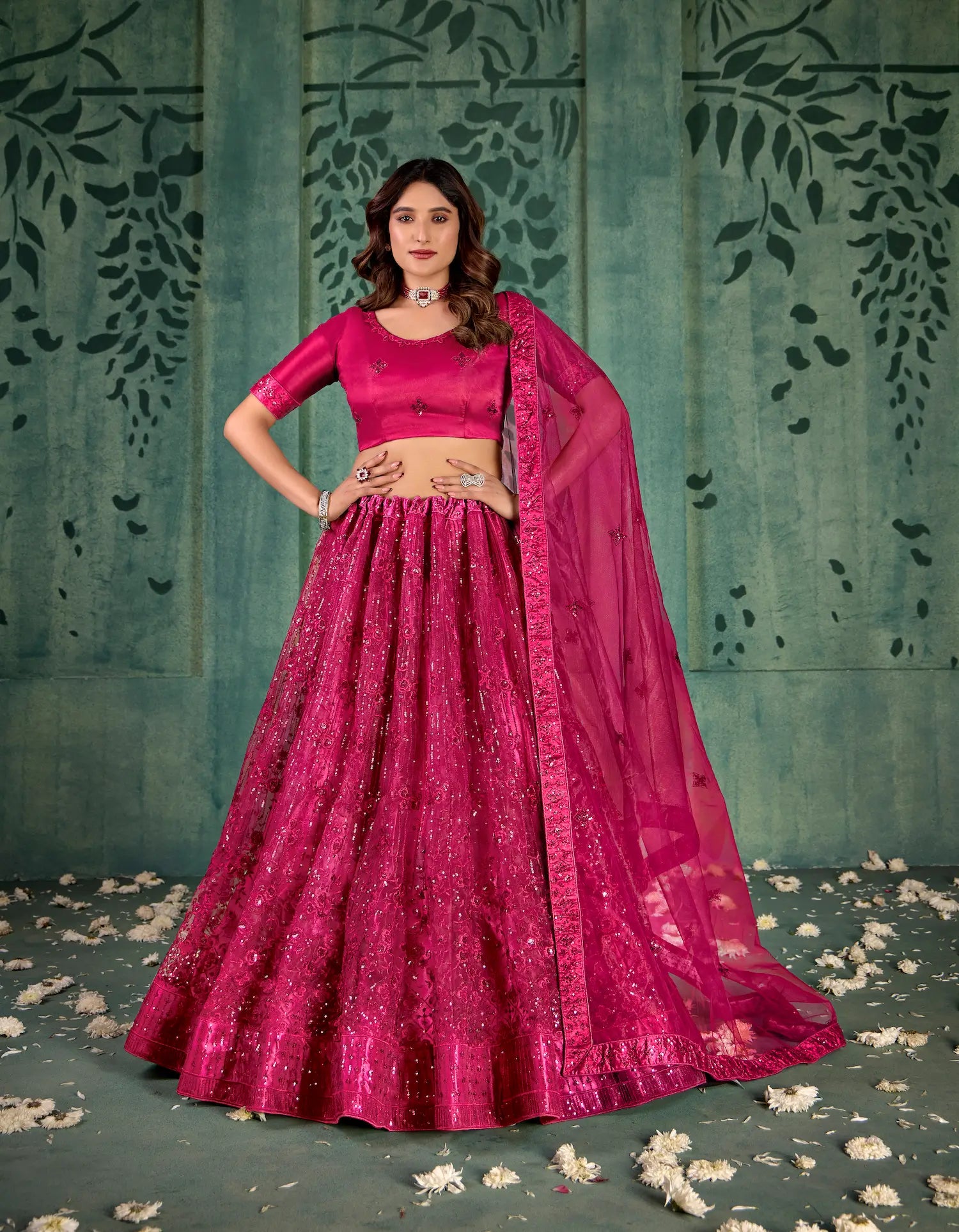 Magenta Pink Net Thread & Sequence Embroidery Work Lehenga Choli - qivii
