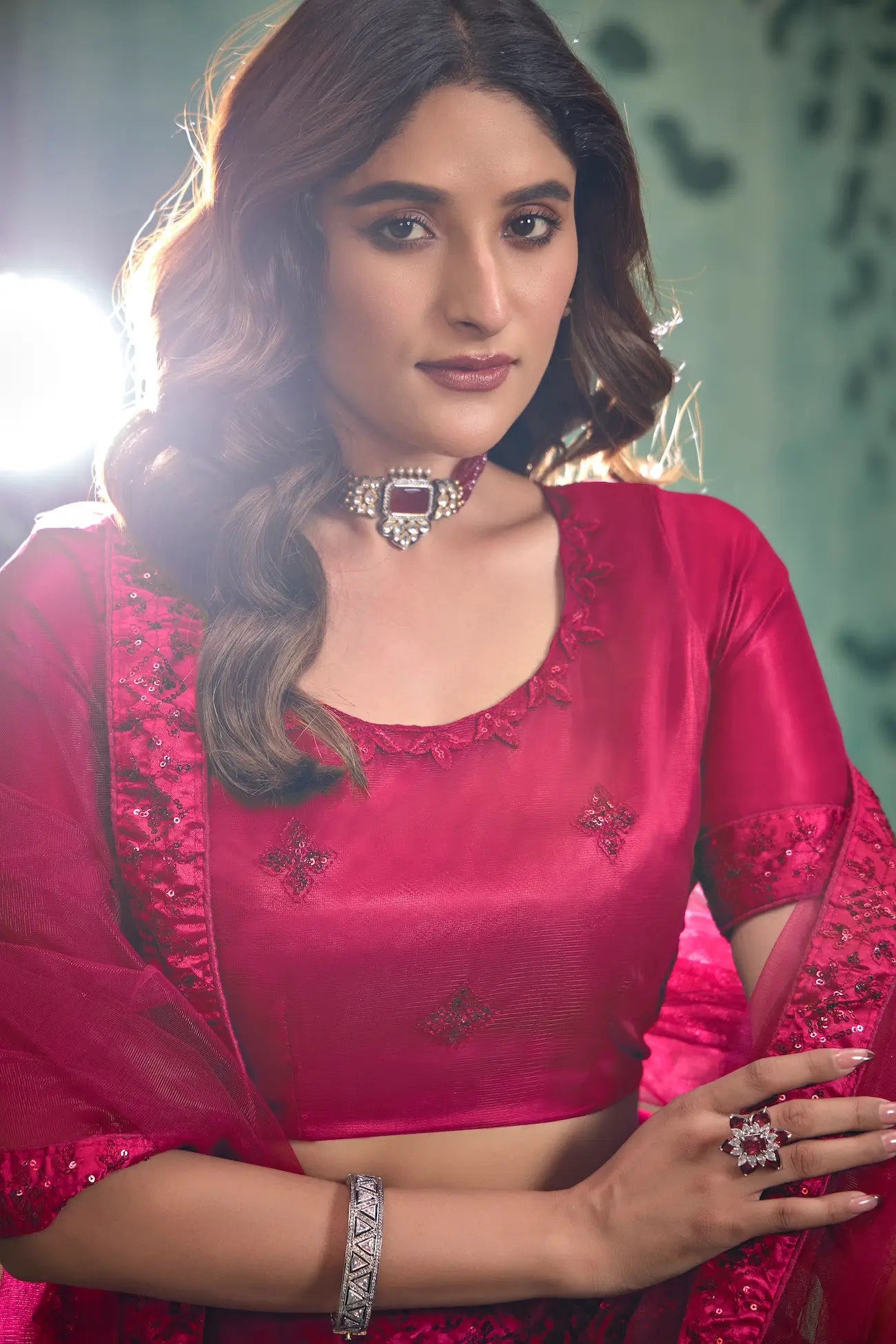 Magenta Pink Net Thread & Sequence Embroidery Work Lehenga Choli - qivii