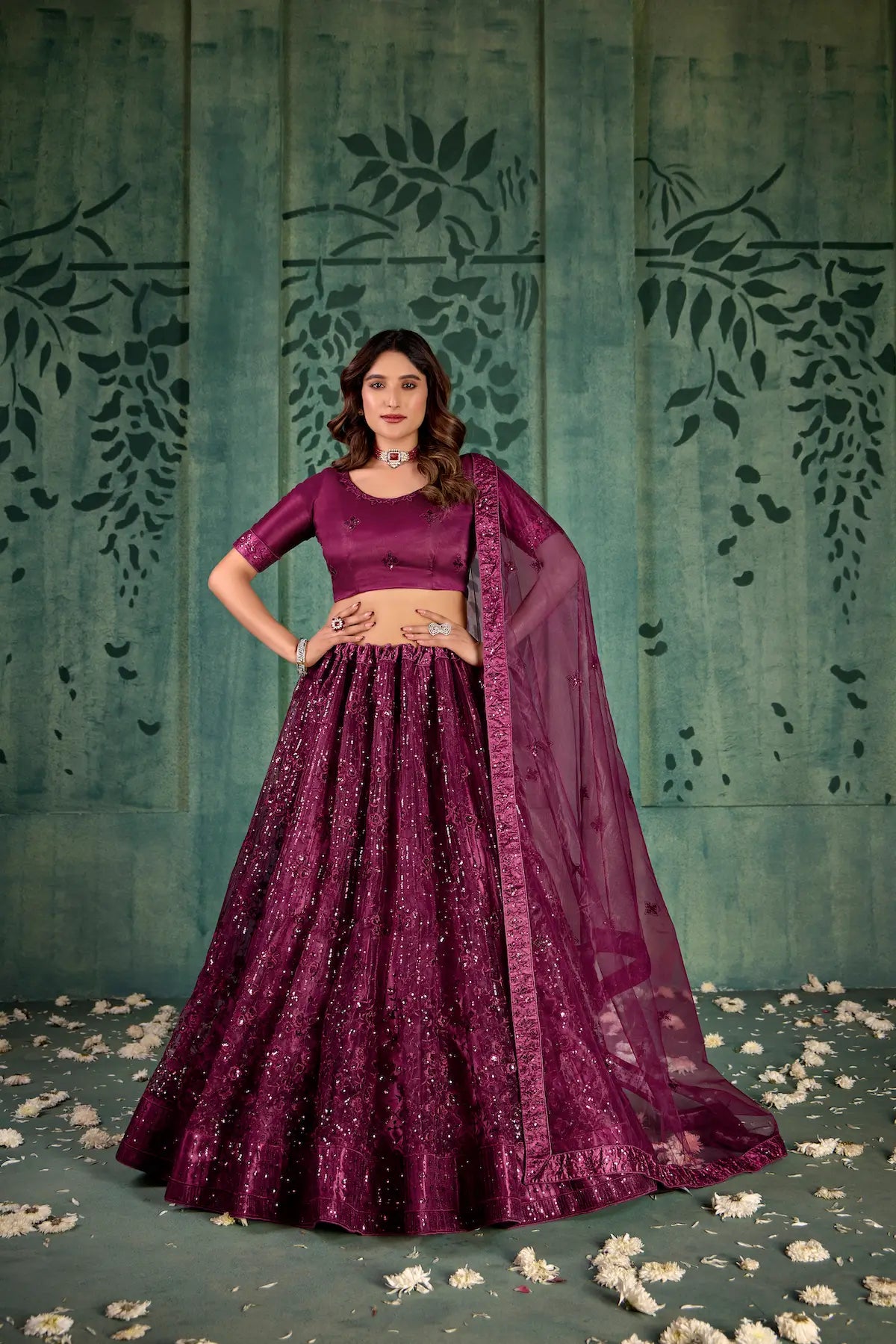 Wine Net Lehenga Choli With Thread & Sequence Embroidery Work - qivii