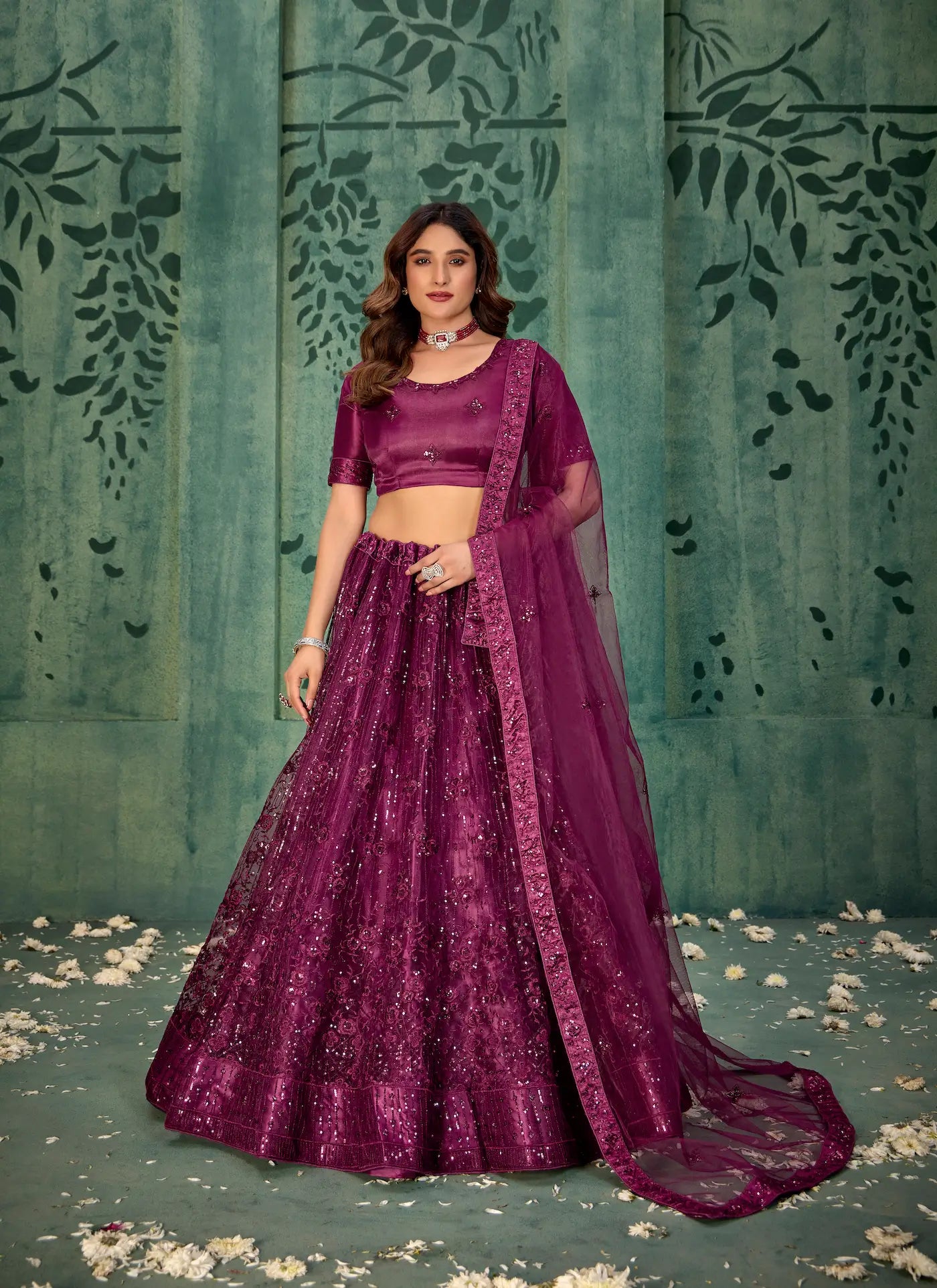 Wine Net Lehenga Choli With Thread & Sequence Embroidery Work - qivii