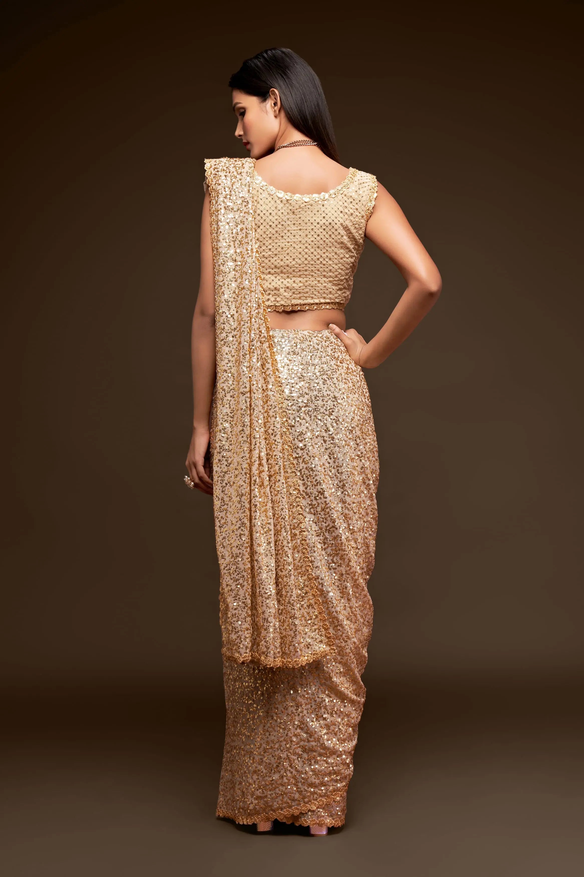 Ancient Ivory Georgette Saree with Thread And Multiple Sequins Embroidery Work - qivii