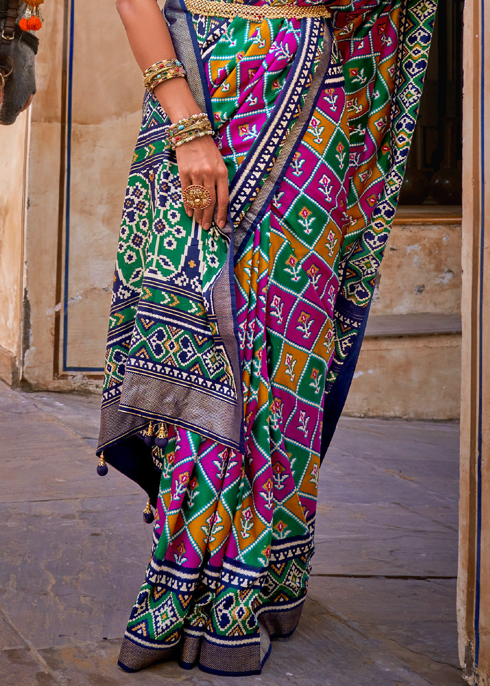 Green & Blue Patola Printed Designer Silk Saree - qivii