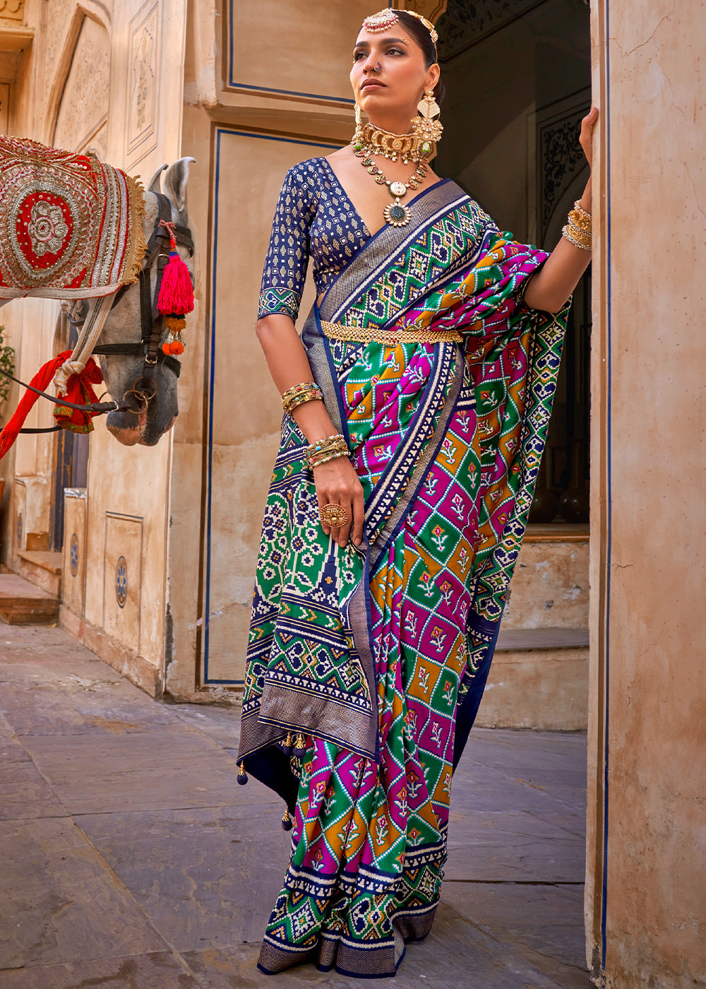 Green & Blue Patola Printed Designer Silk Saree - qivii