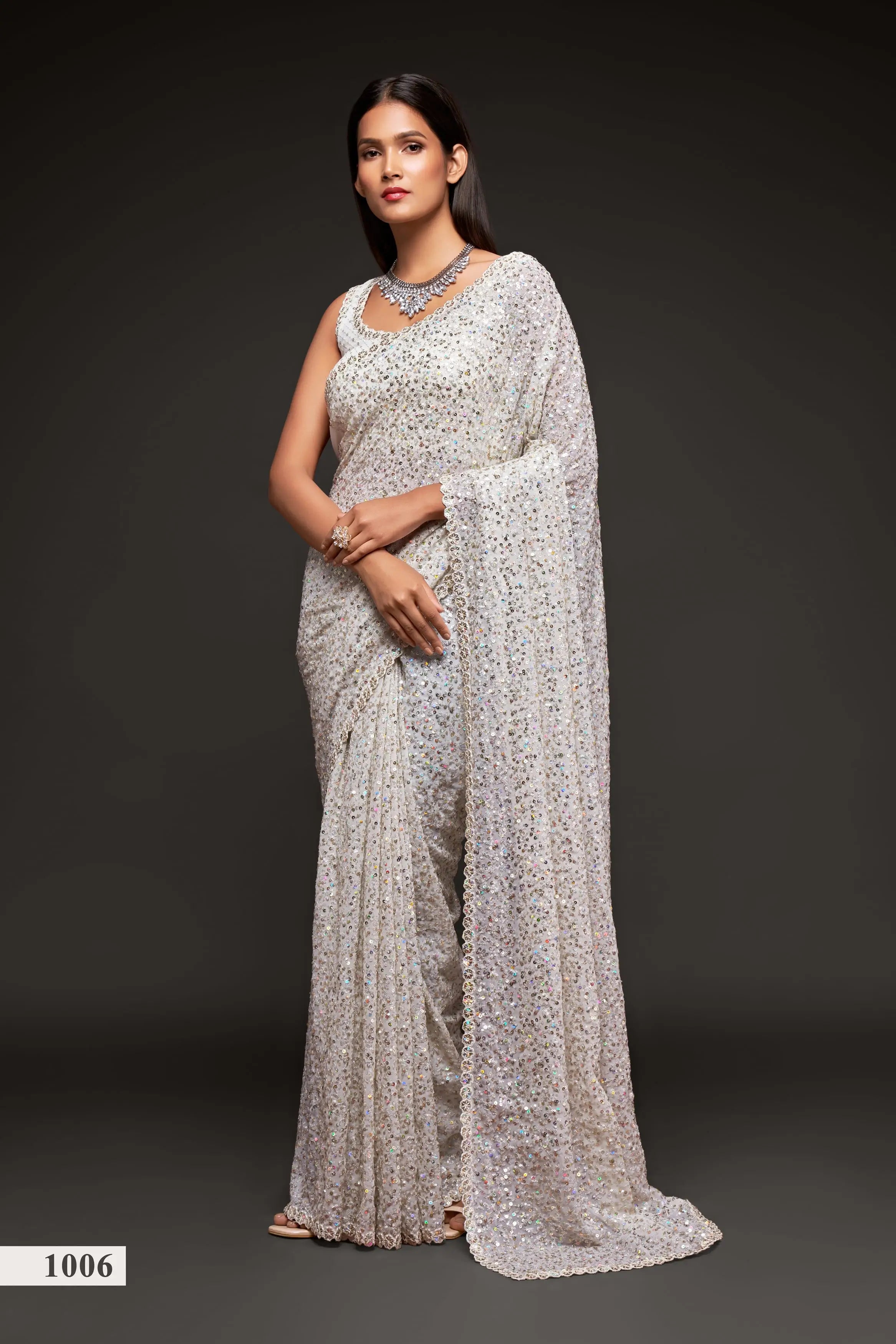 Pearl White Georgette Saree with Thread And Multiple Sequins Embroidery Work - qivii