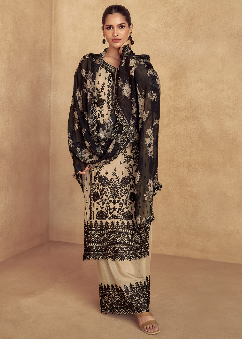 Off White Chinon Silk Plazzo Suit with Intricate Embroidery work - qivii