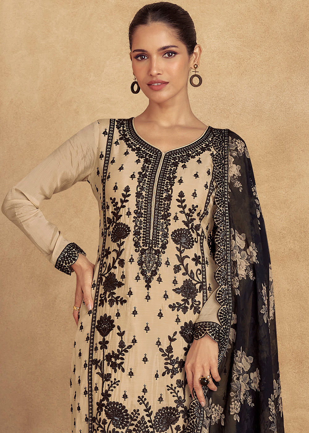 Off White Chinon Silk Plazzo Suit with Intricate Embroidery work - qivii