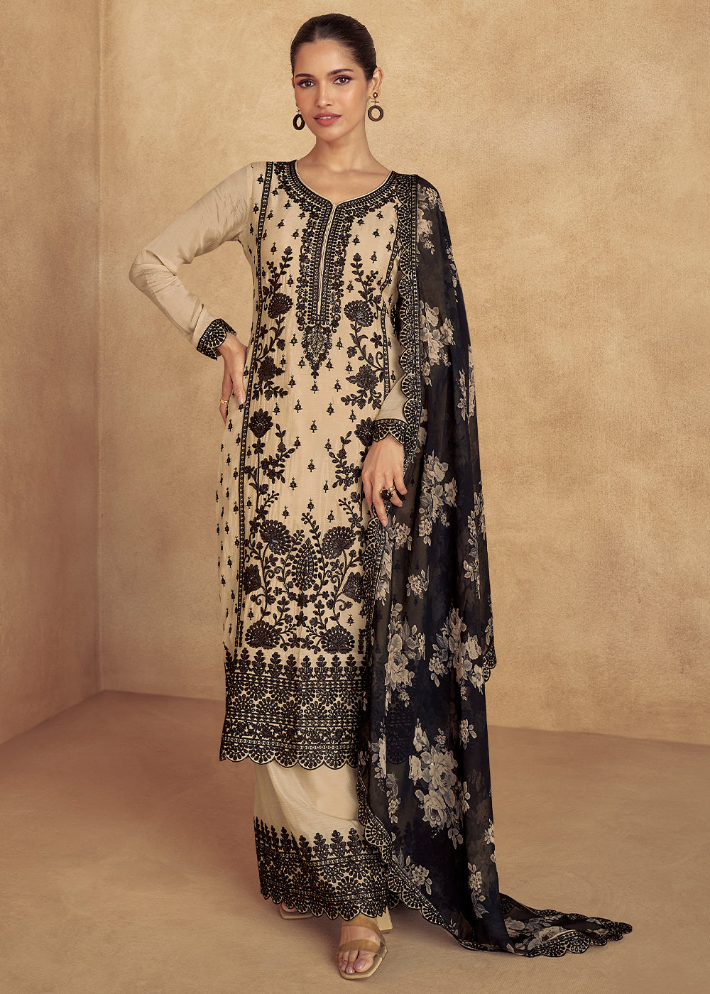 Off White Chinon Silk Plazzo Suit with Intricate Embroidery work - qivii