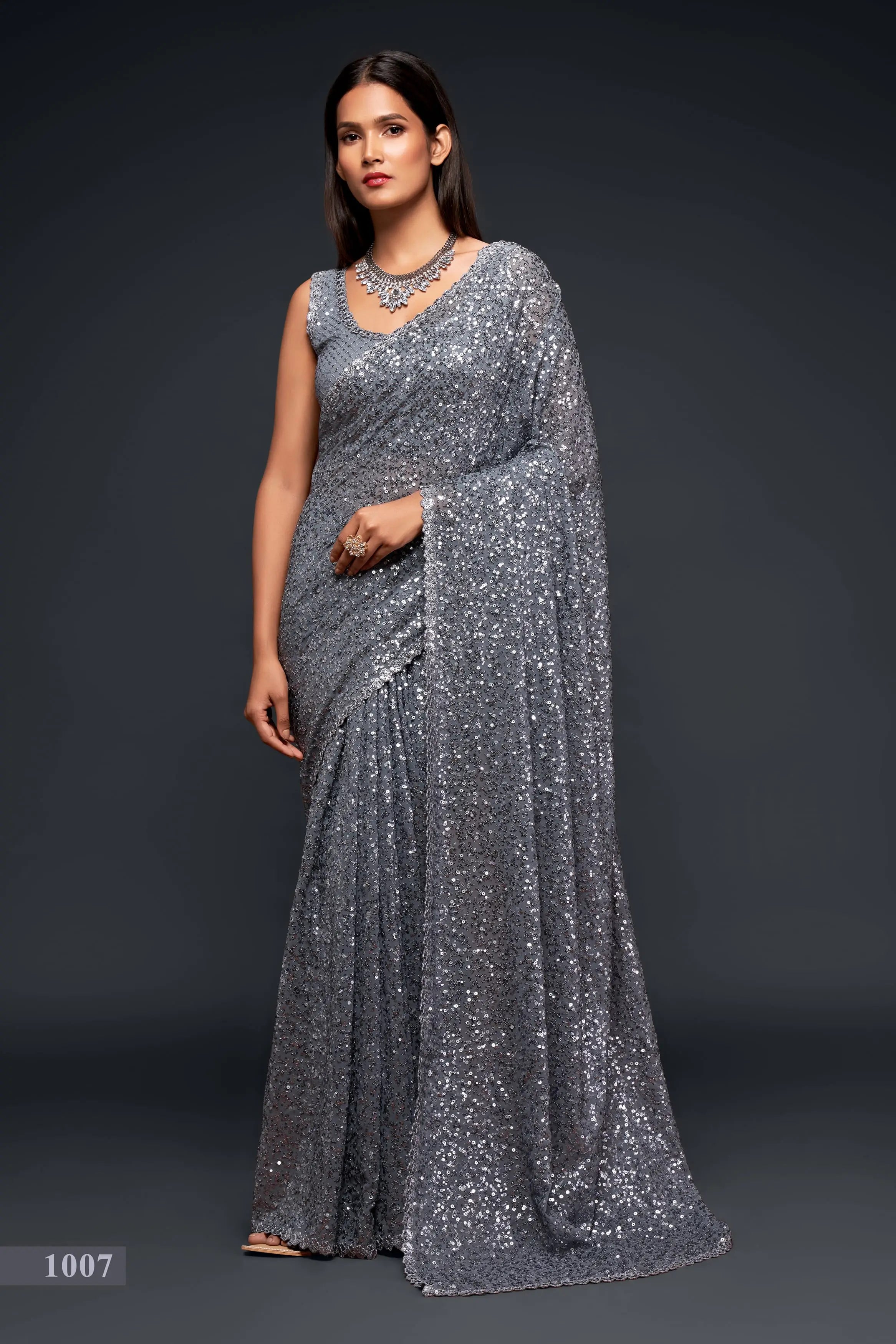 Slate Grey Georgette Saree with Thread And Multiple Sequins Embroidery Work - qivii