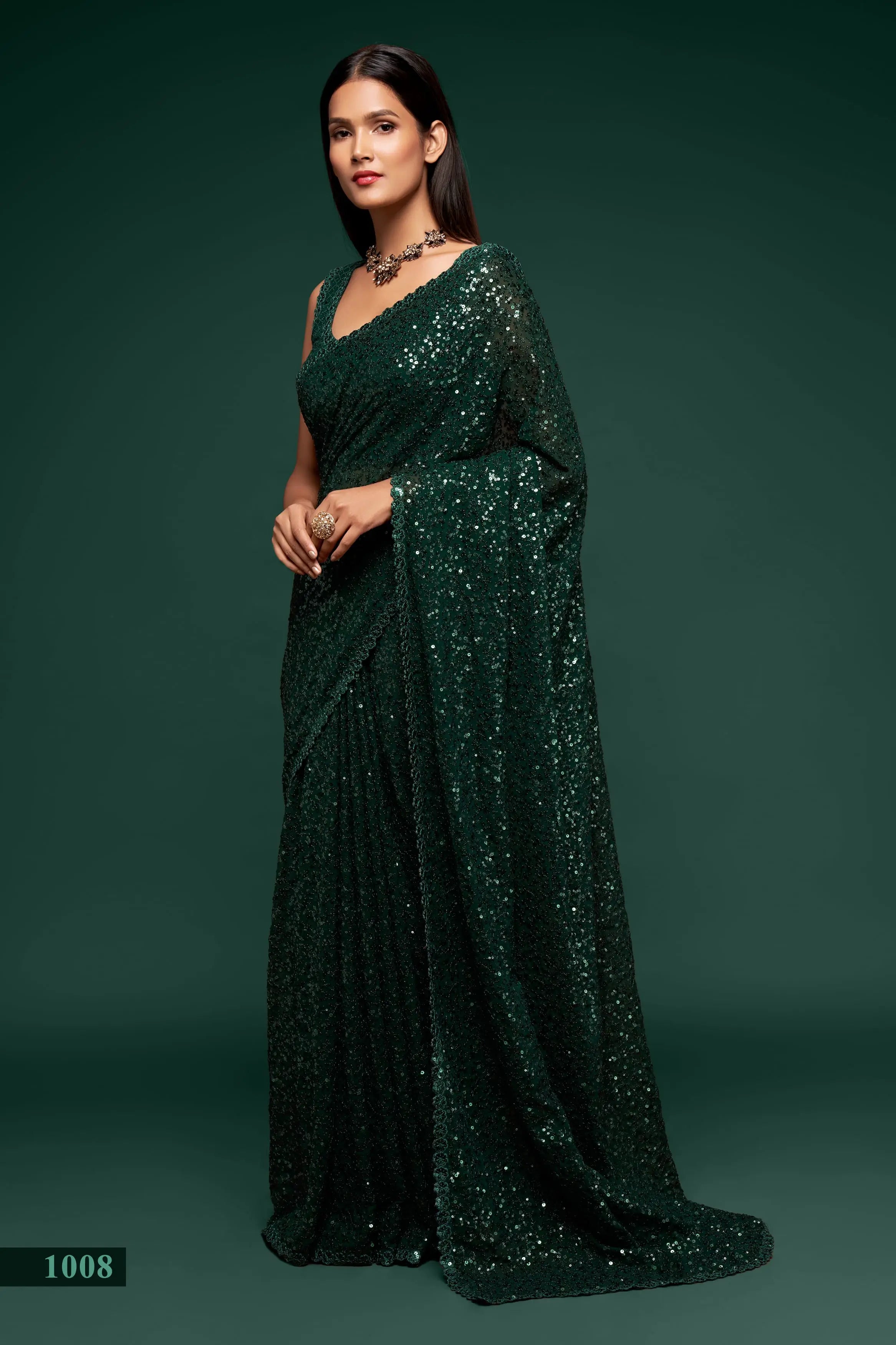 Deep Green Georgette Saree with Thread And Multiple Sequins Embroidery Work