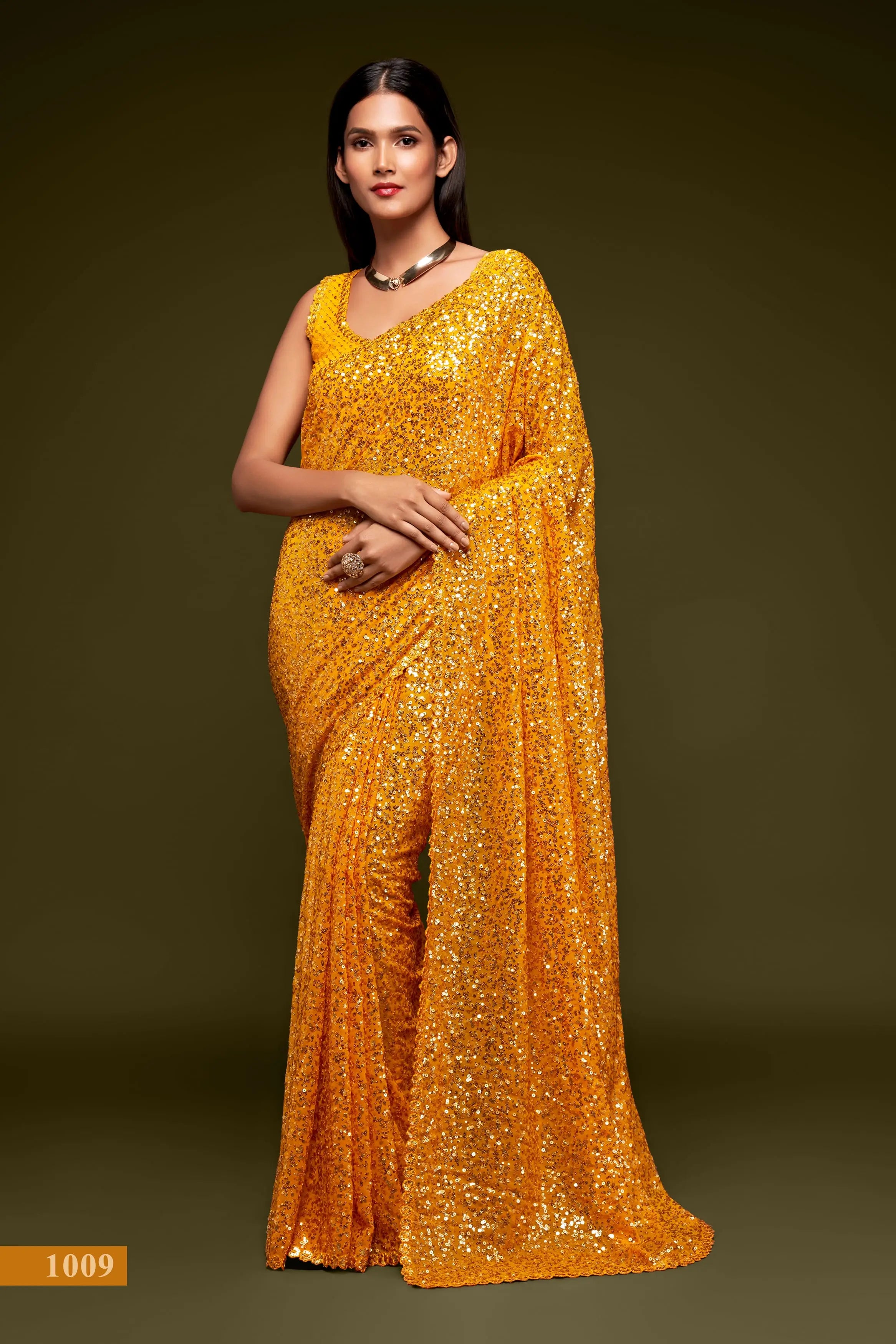 Honey Yellow Georgette with Thread And Multiple Sequins Embroidery Work - qivii