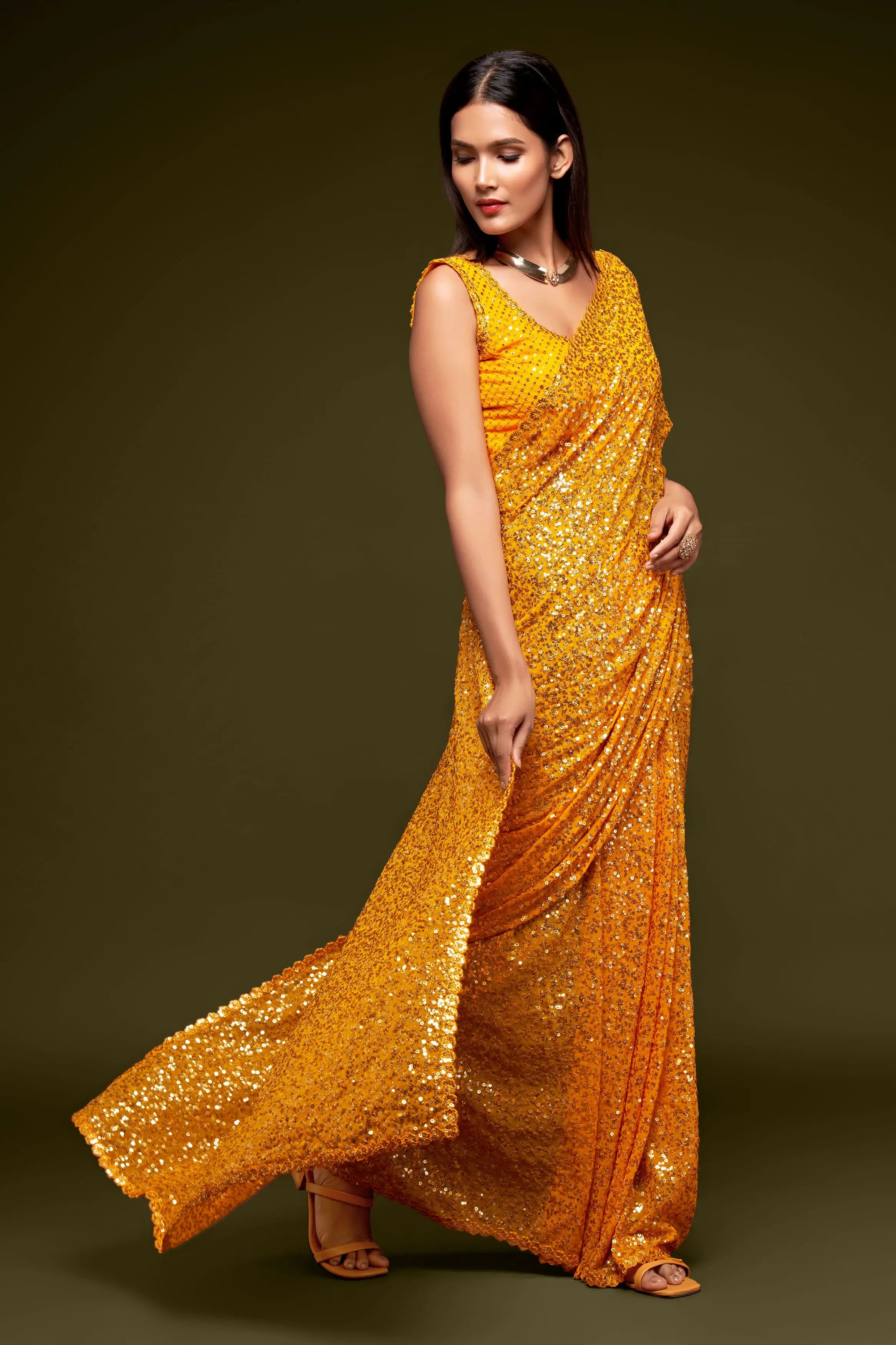Honey Yellow Georgette with Thread And Multiple Sequins Embroidery Work - qivii