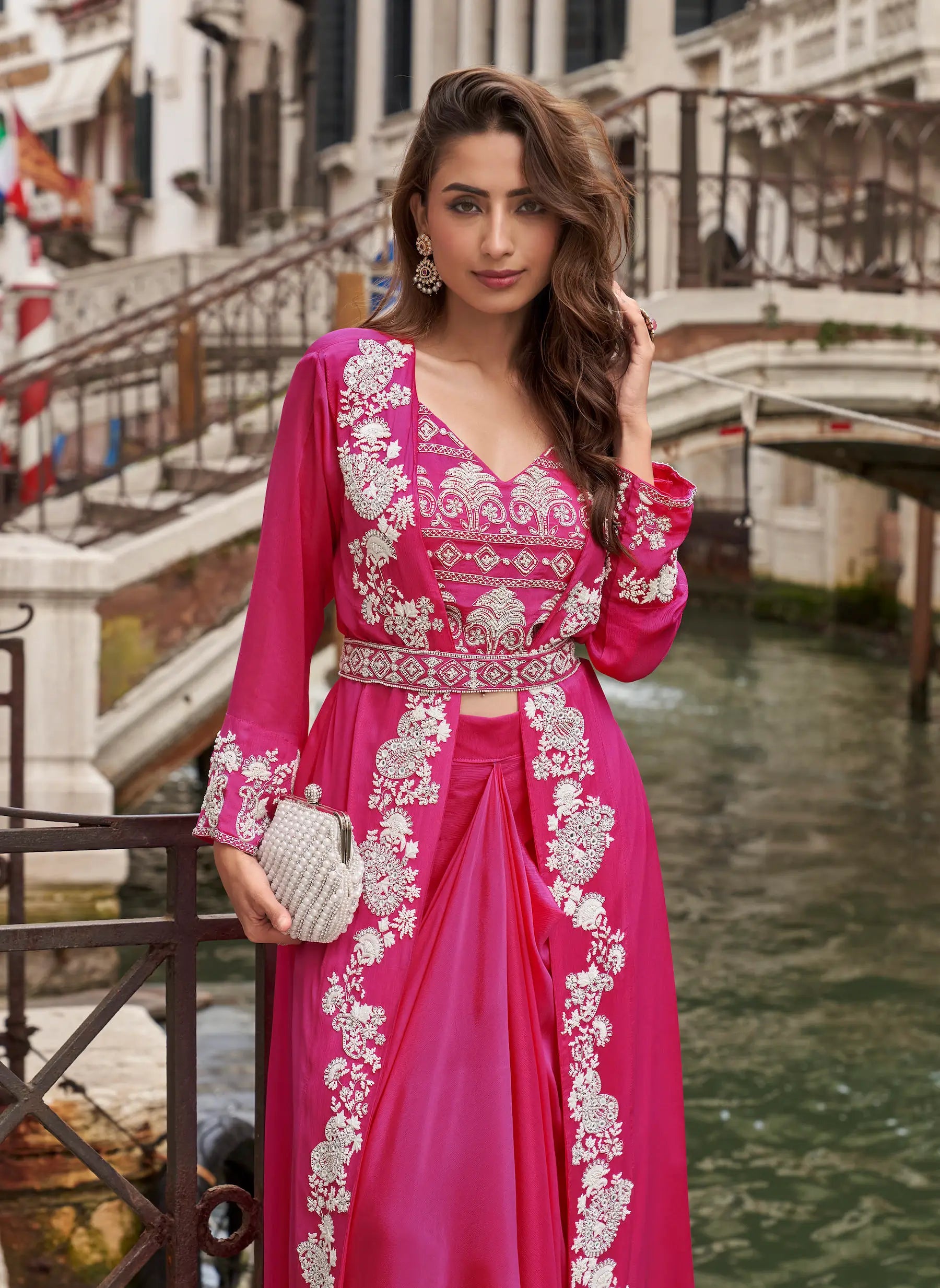 Hot Pink Embroidered Indo Western Set