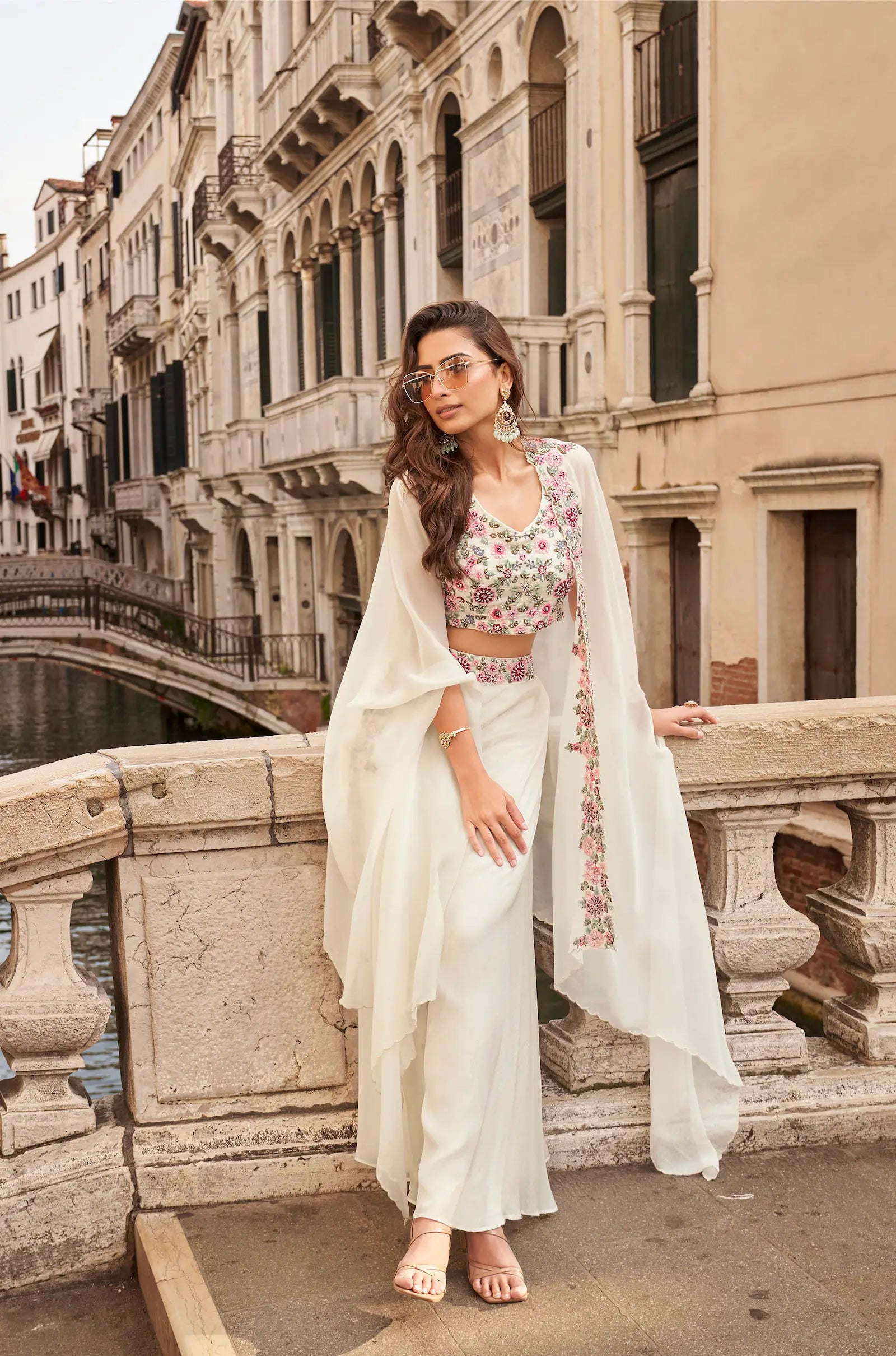 Pearl White Embroidered Indo Western Set