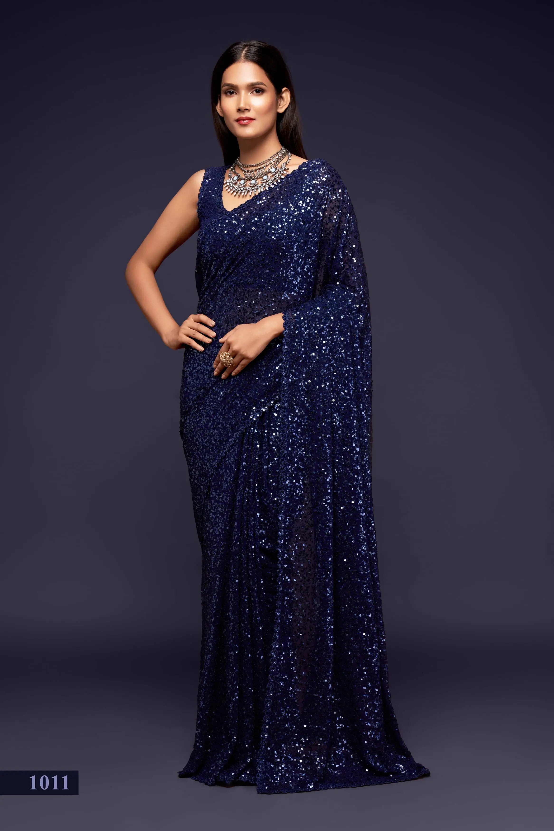 Blush Blue Georgette Saree with Thread And Multiple Sequins Embroidery Work - qivii