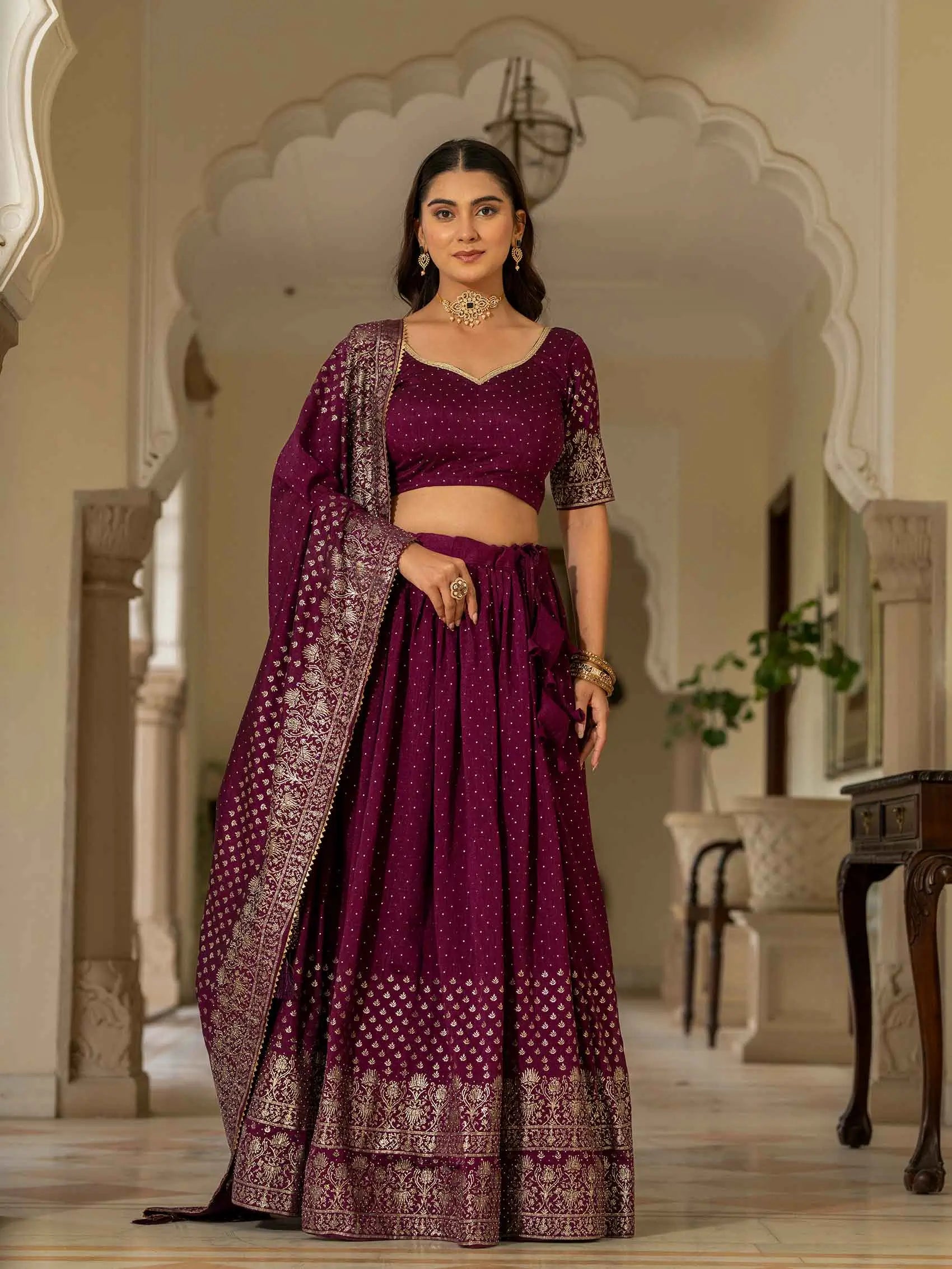 Wine Lehenga With Foil Print & Swarovski