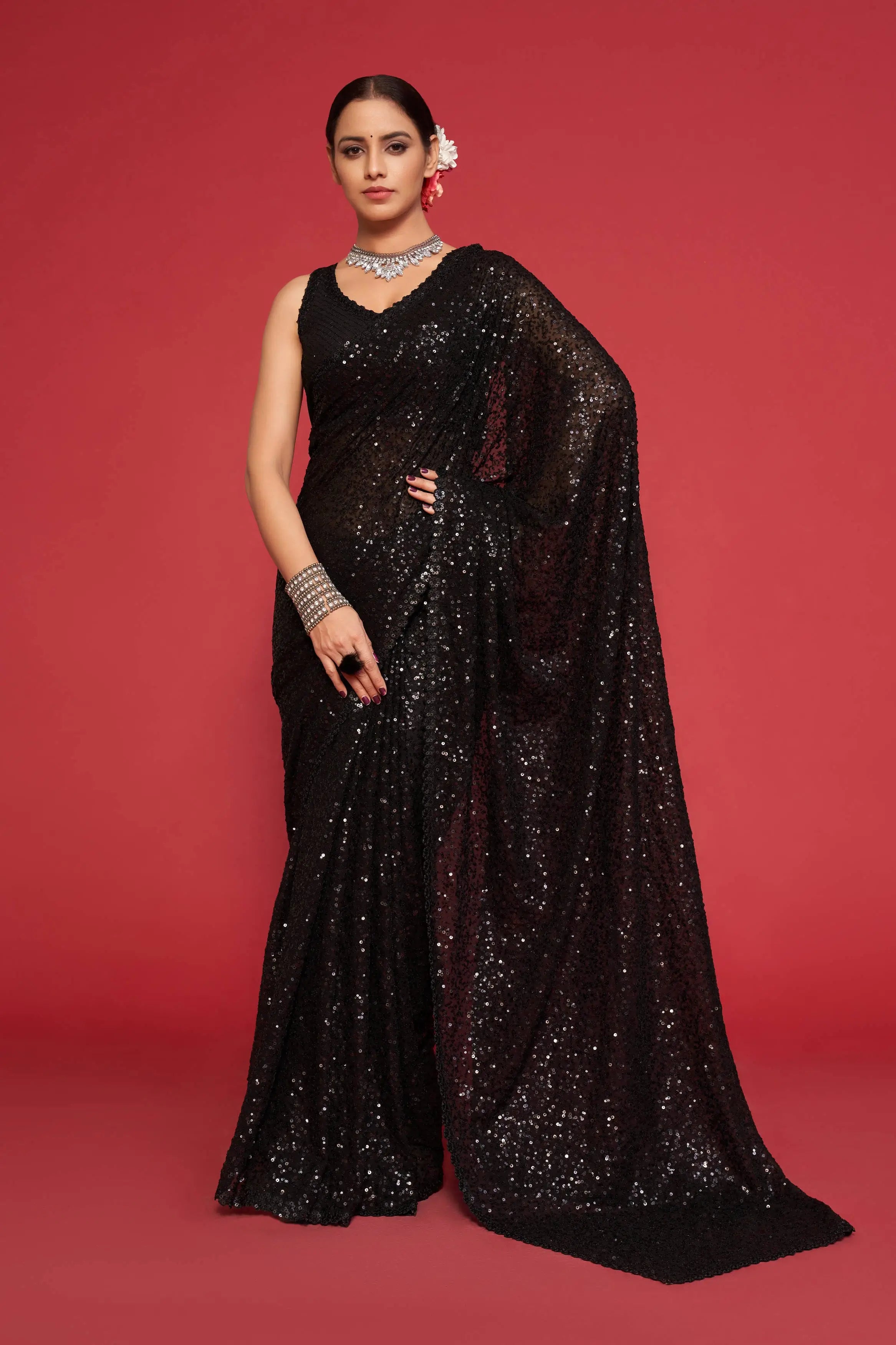 Black Georgette Saree with Thread And Multiple Sequins Embroidery Work - qivii