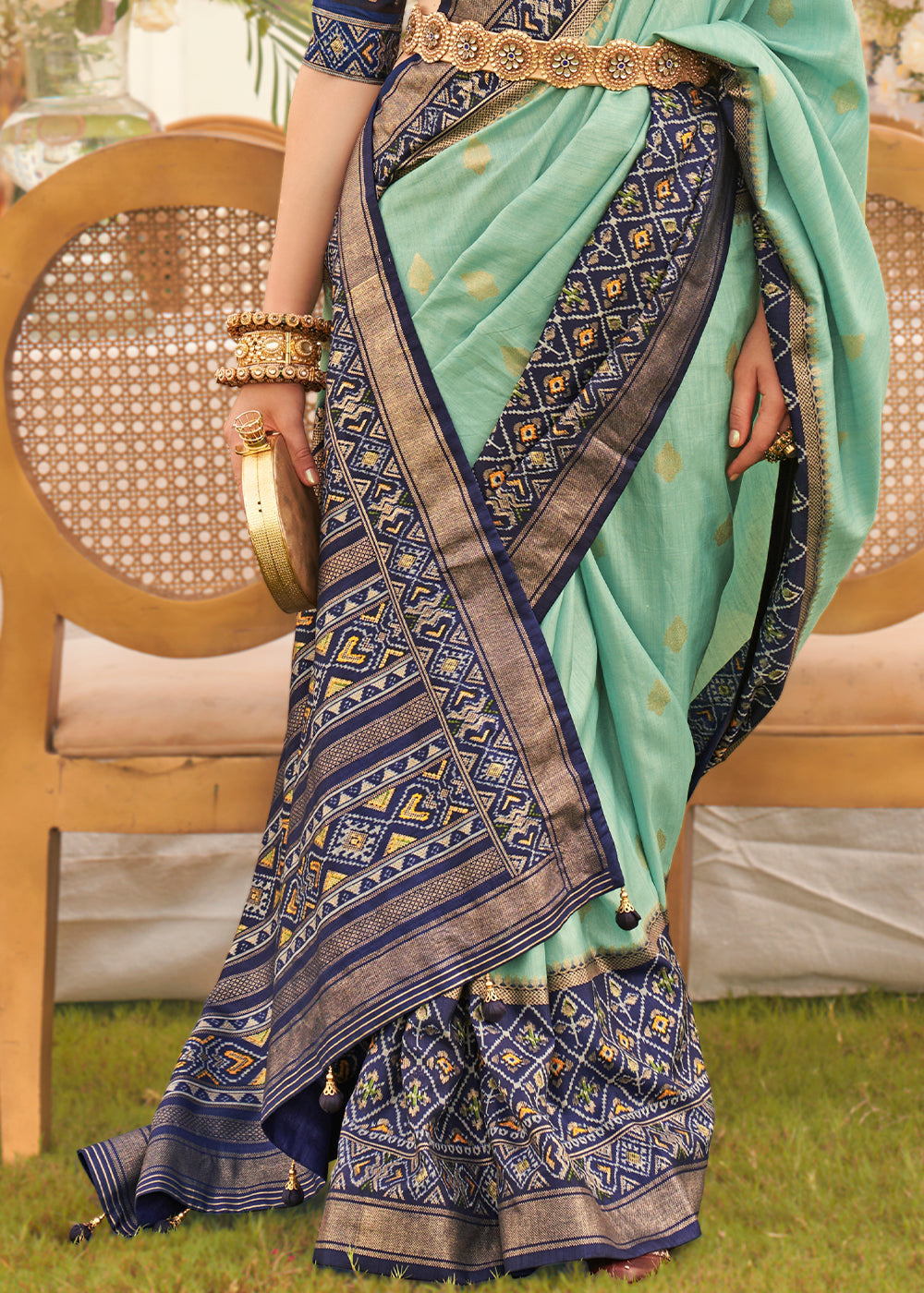 Blue & Green Printed Patola Silk Saree - qivii