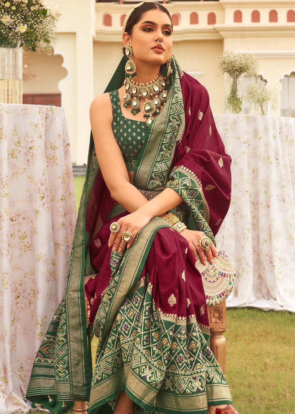 Crimson Red & Green Printed Patola Silk Saree - qivii