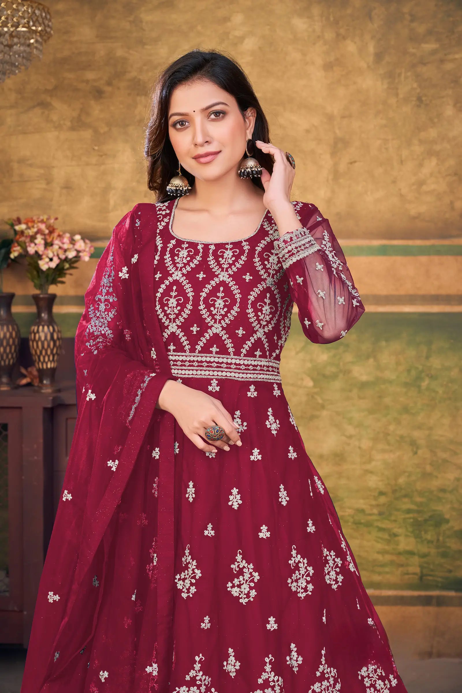 Red Net Gown With Zari & Thread Embroidery Work - qivii