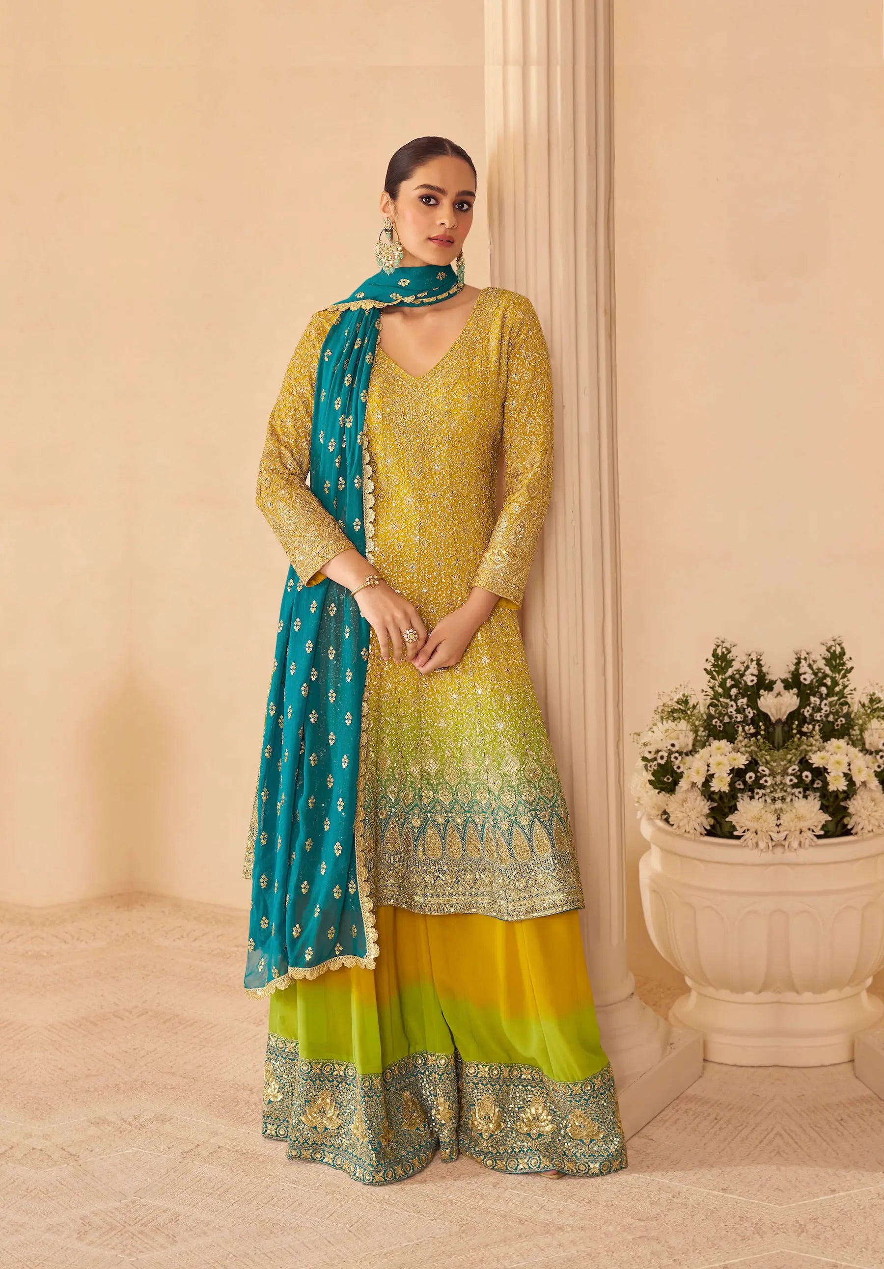 Mustard Yellow Handwork Salwar Palazzo Ensemble