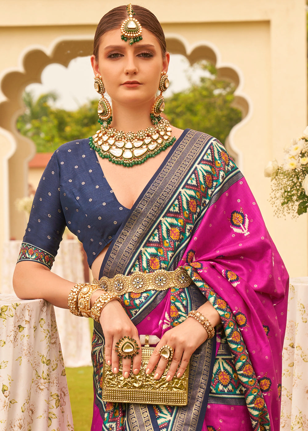 Magenta Pink Printed Patola Designer Silk Saree - qivii